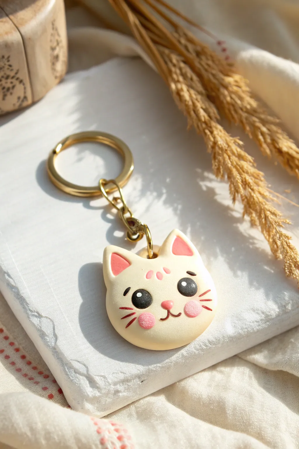 Cute chibi cat face polymer clay keychain charm in soft pastels, minimalist and handmade.