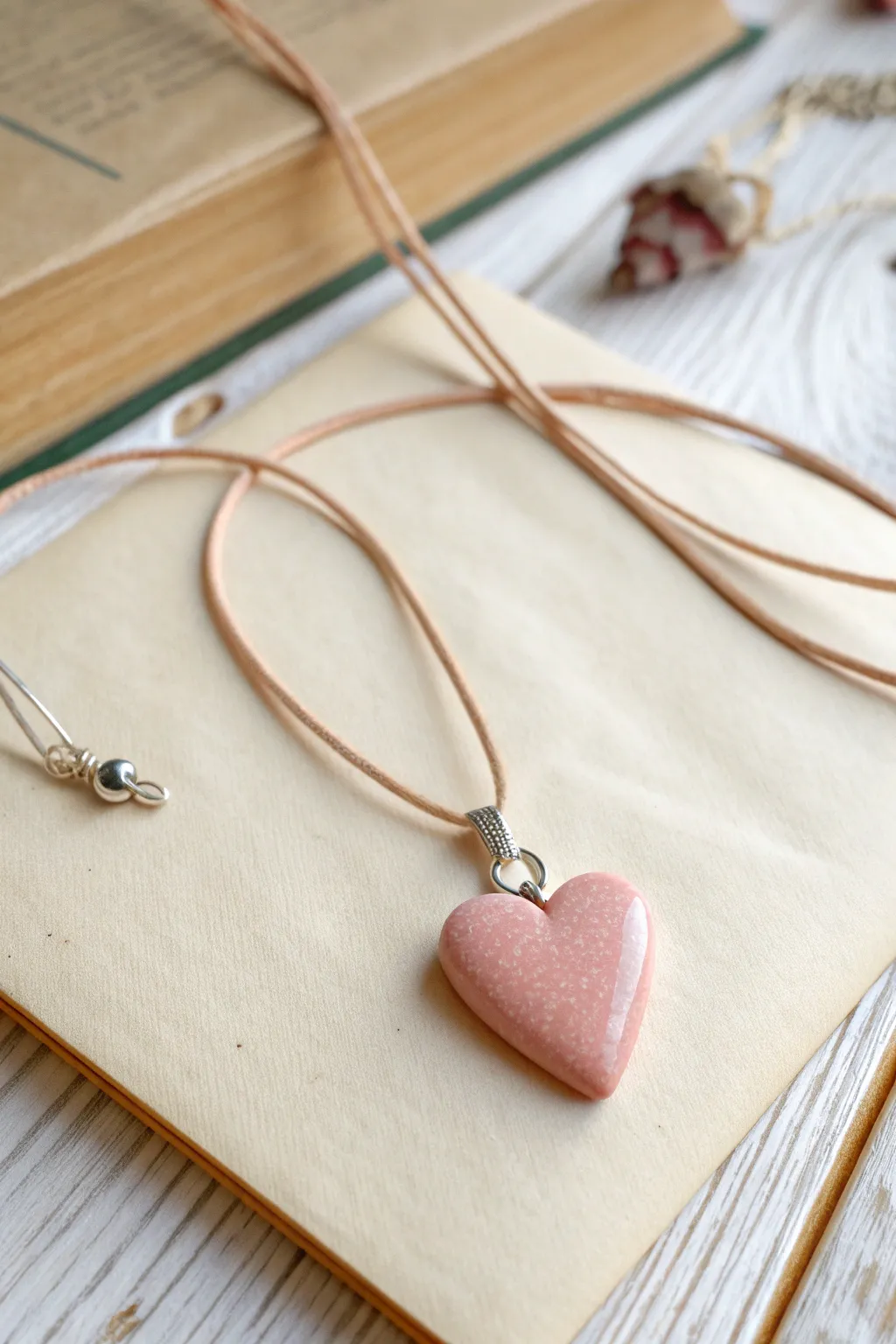 Tiny blush heart polymer clay pendant on a delicate cord, minimal flat lay for sweet layering.