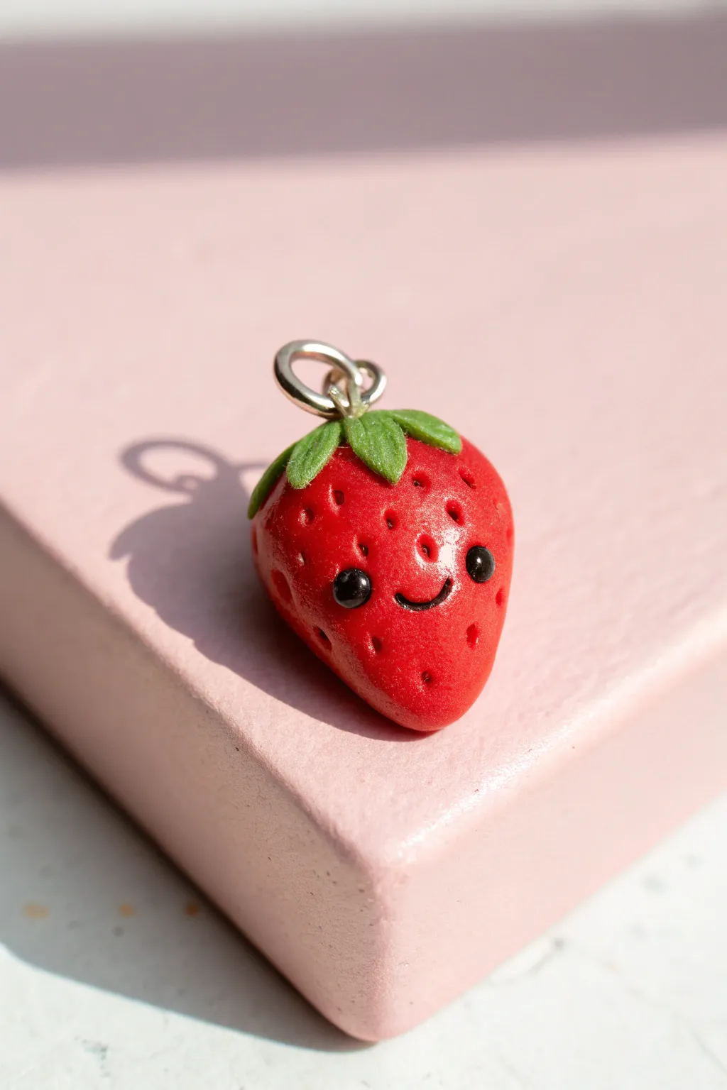 Adorable smiley strawberry clay charm in bright red, perfect for cute simple DIY ideas