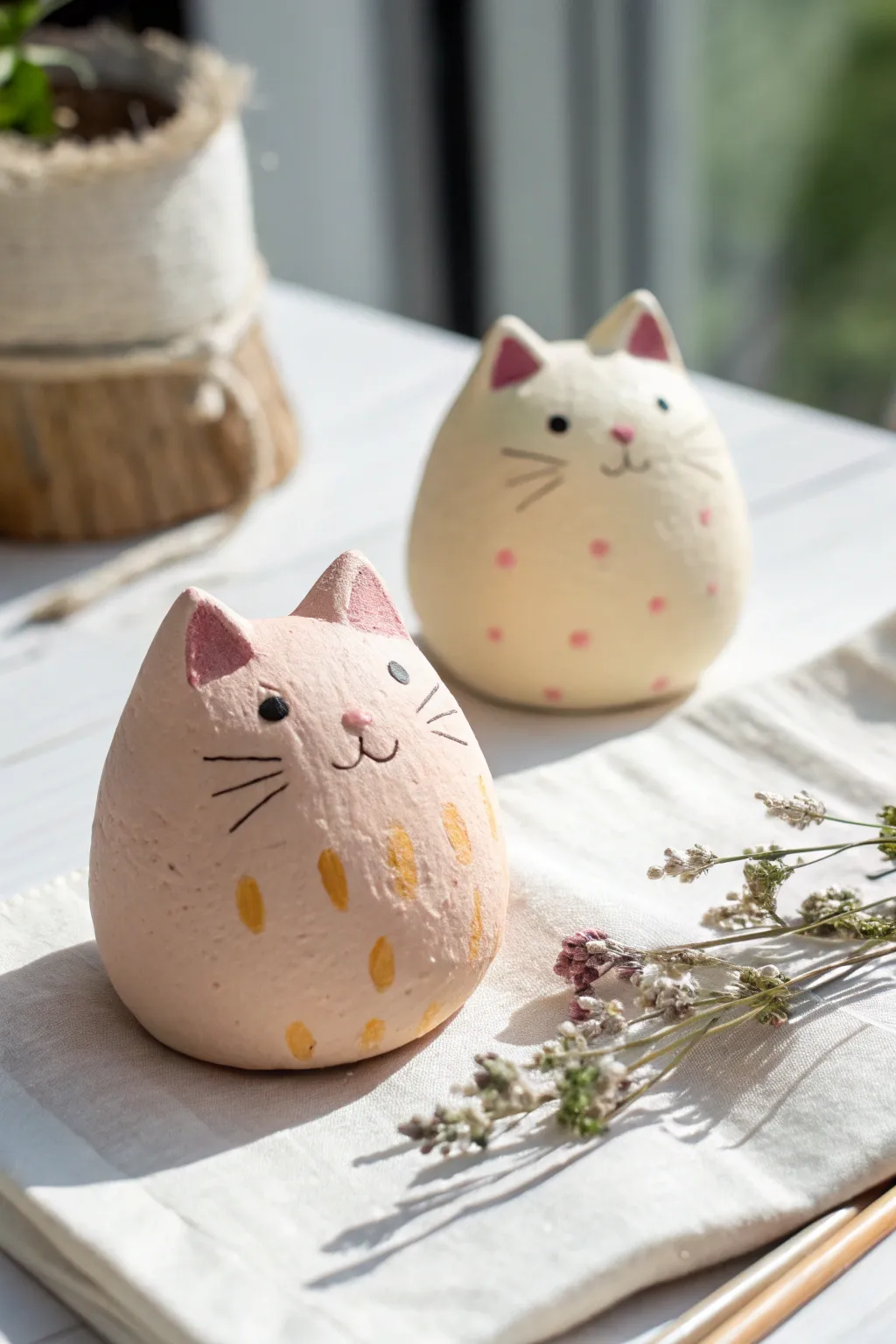 Chubby mini pastel cat figurines, simple and sweet air dry clay decor for beginners.