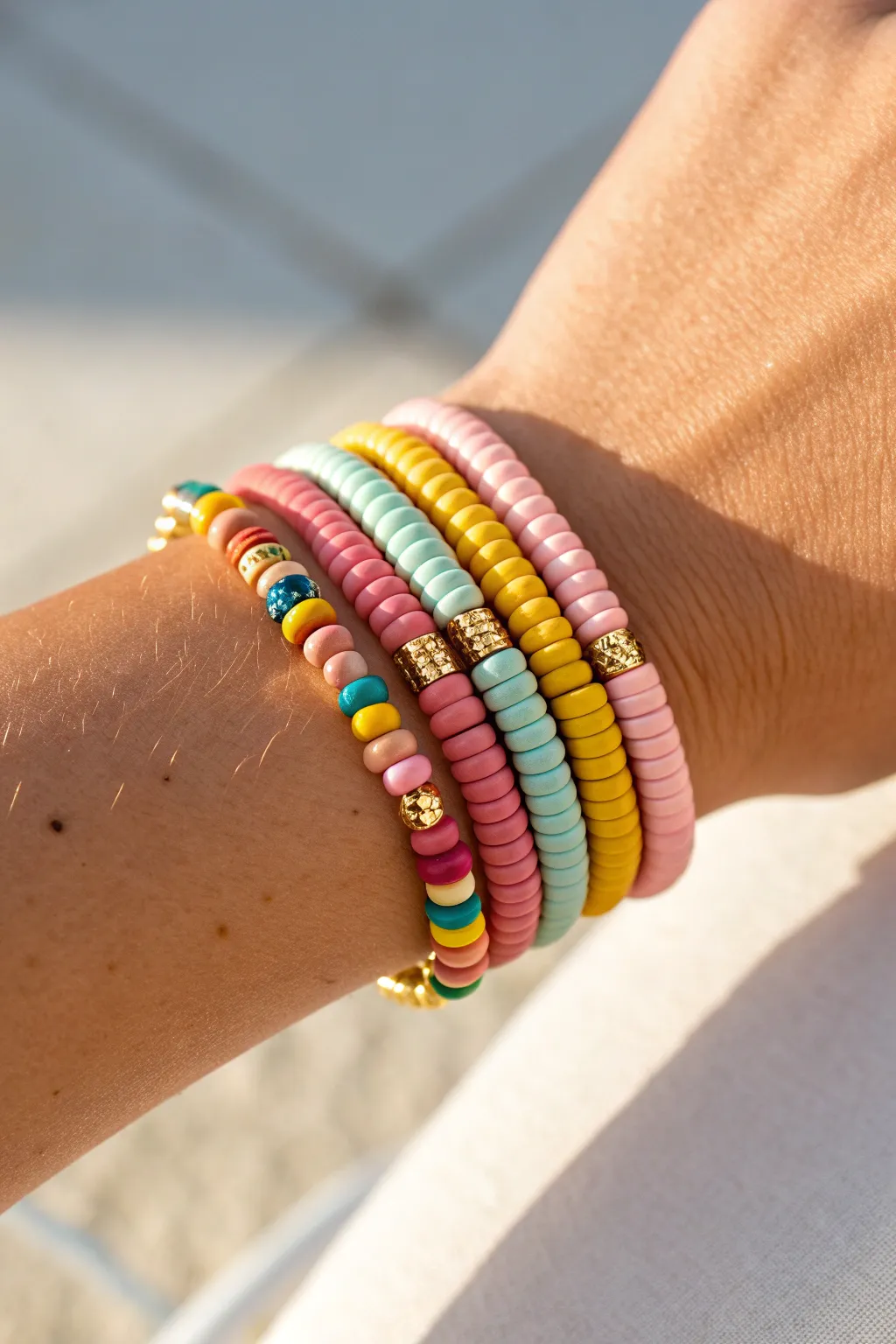 Rainbow heishi stack with sunny gold spacers, glowing in warm summer light for easy DIY style.