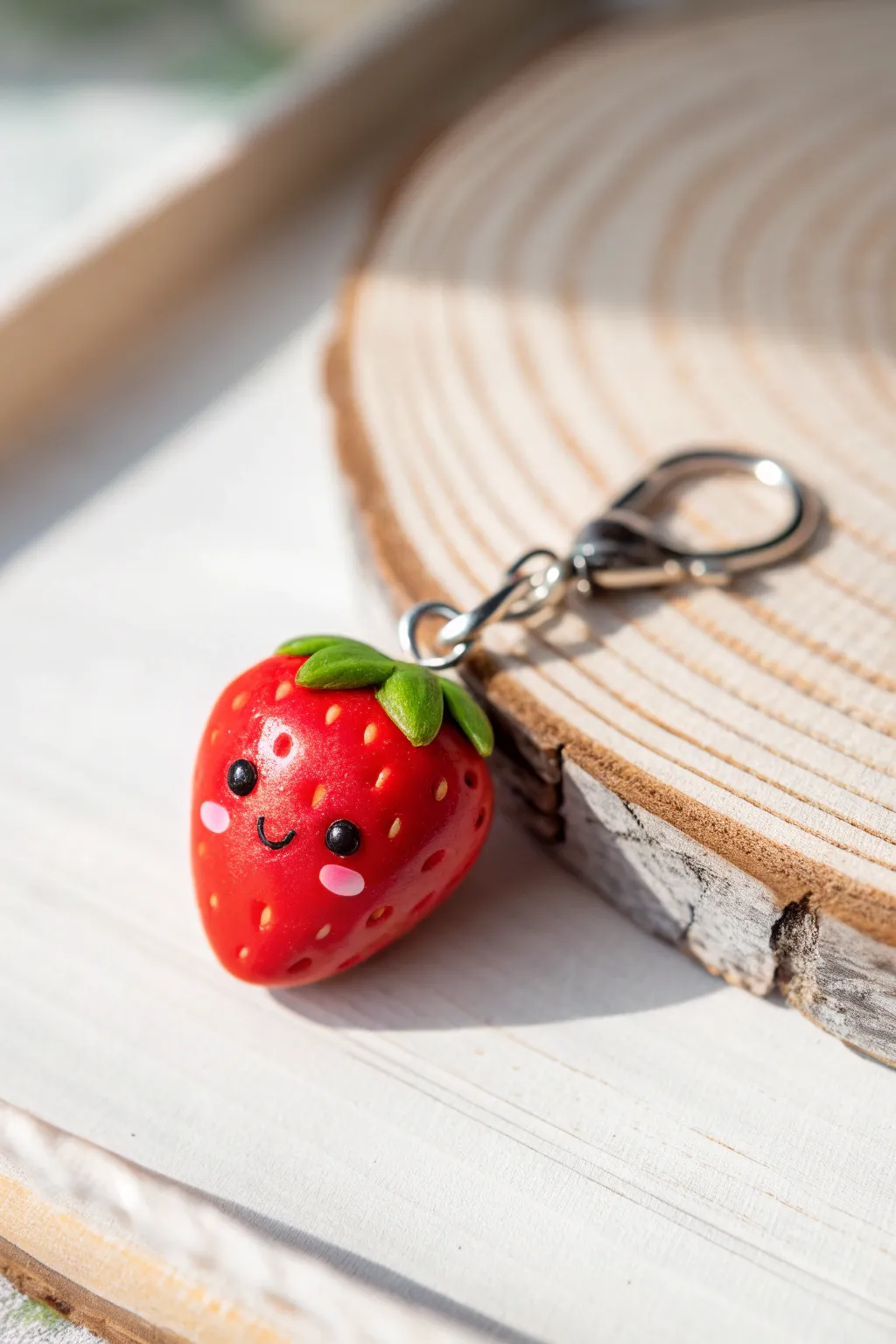 Mini smiling strawberry charm with blush cheeks, perfect tiny clay idea for sweet handmade gifts.