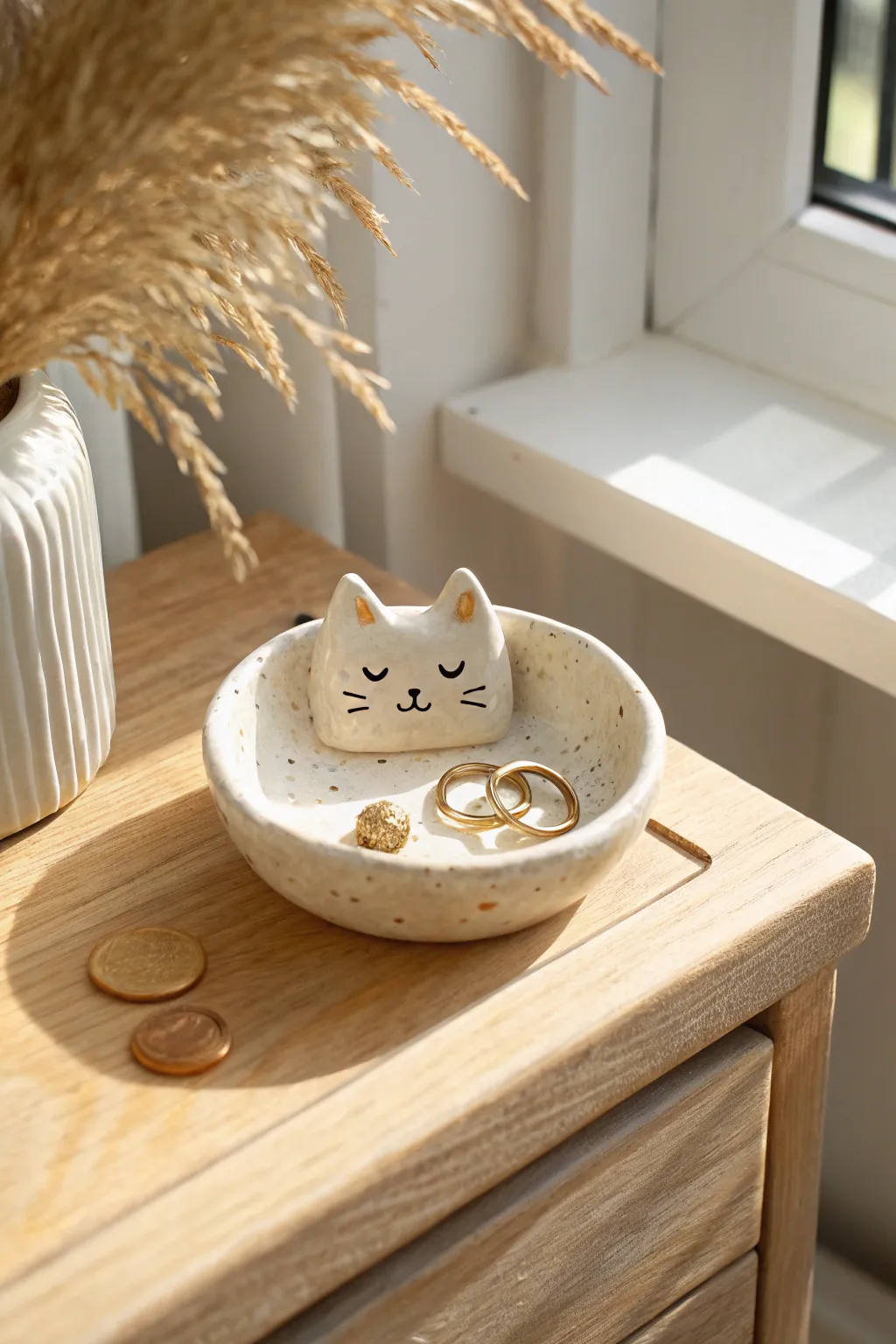Minimal cat trinket dish with glossy glaze, perfect for rings and loose change on a nightstand