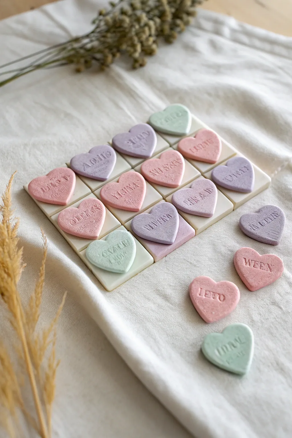 Pastel clay conversation hearts with subtle stamped impressions, neatly gridded for Valentines charm