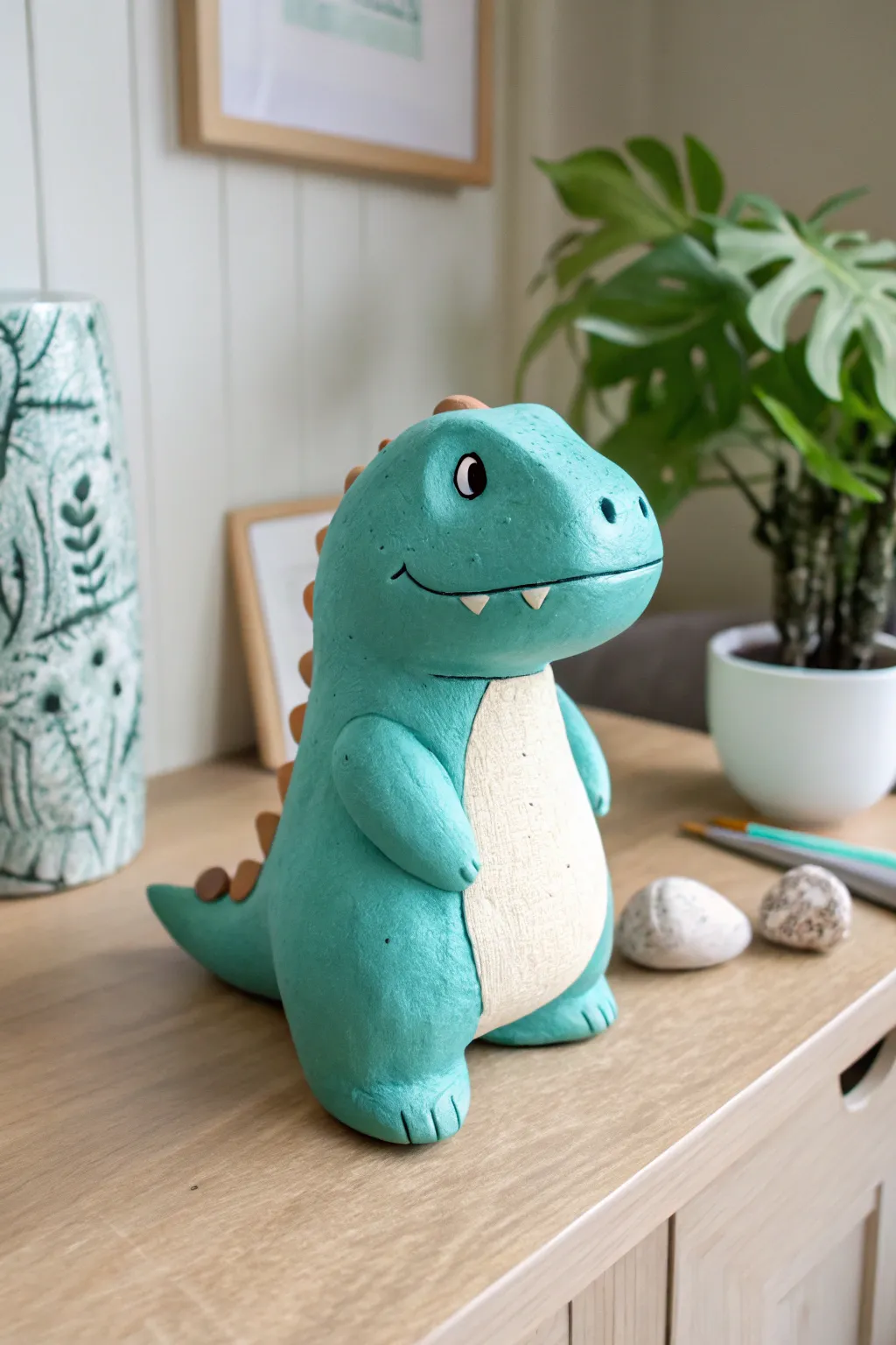 A cute chubby chibi T-Rex in pastel teal with a cream belly, perfect as a handmade desk buddy.