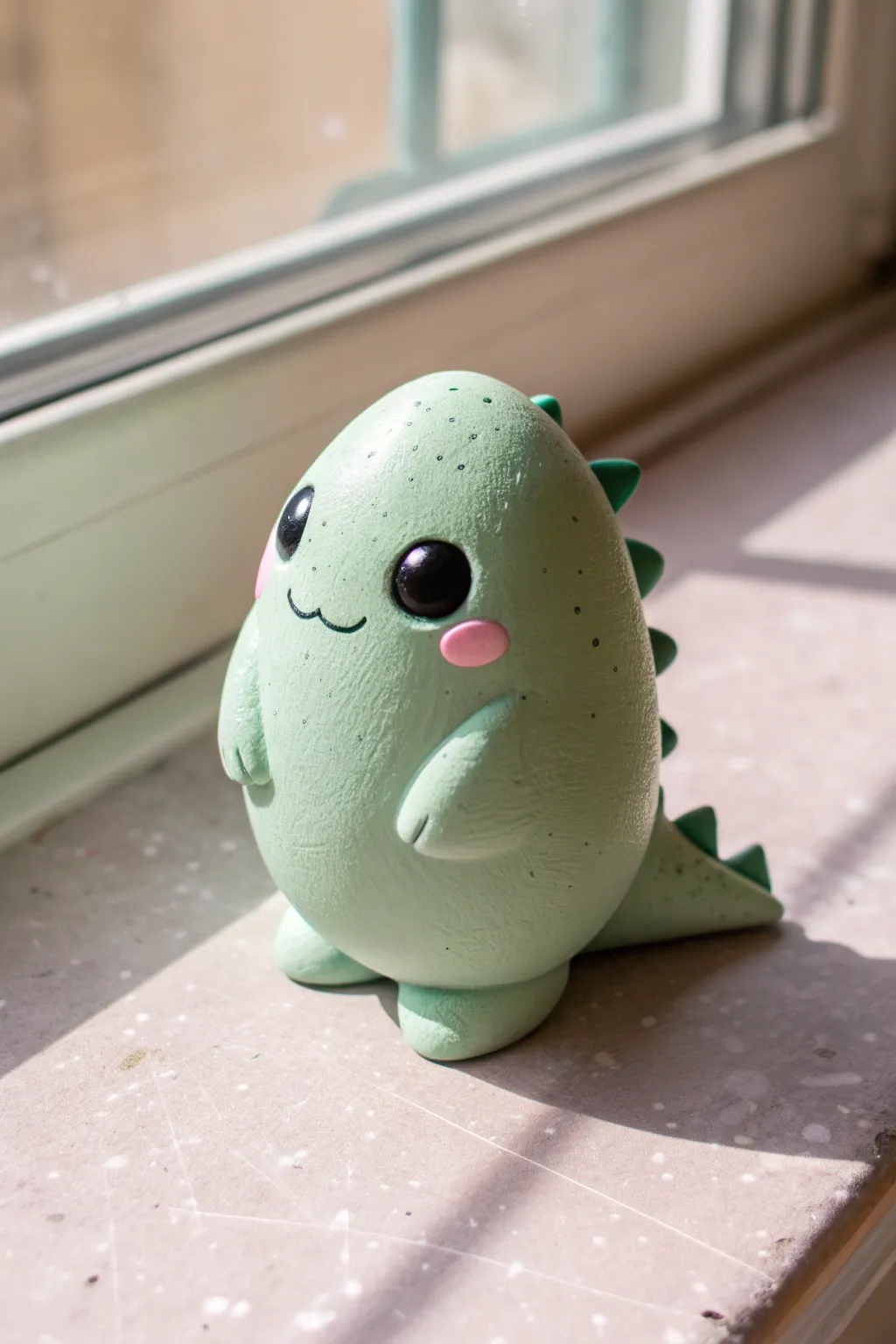 Chubby mint-green kawaii T-Rex buddy with rosy cheeks, minimal and sweet on a soft pink backdrop.
