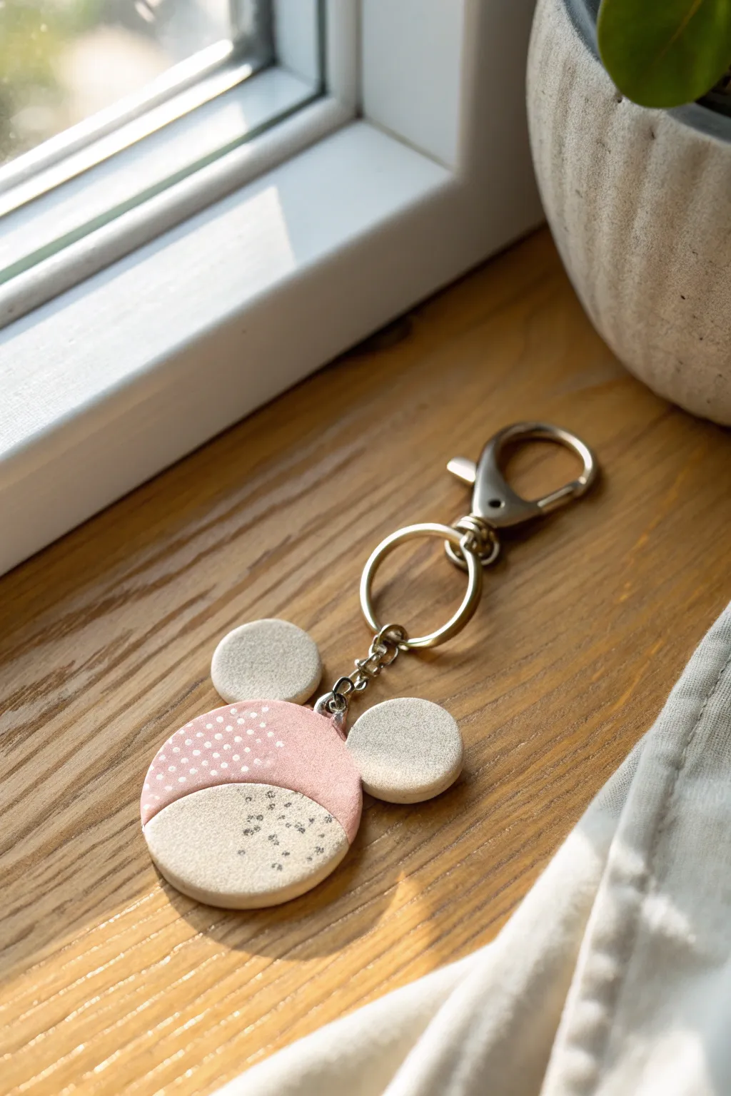 Minimal mouse-ear clay charm keychain in soft pastel with a subtle glitter accent, clean and cute