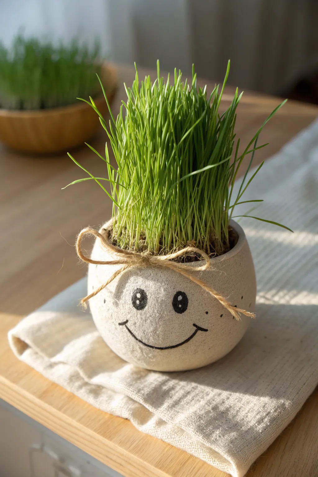 Classic grass-head stocking chia pet with lush green hair, styled in a simple Scandinavian bowl.