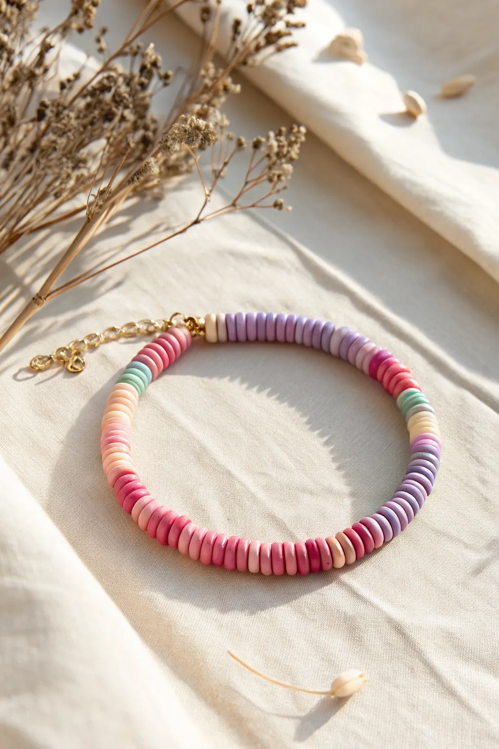 Classic rainbow heishi clay bead bracelet flat lay, minimalist boho, perfect DIY inspiration.