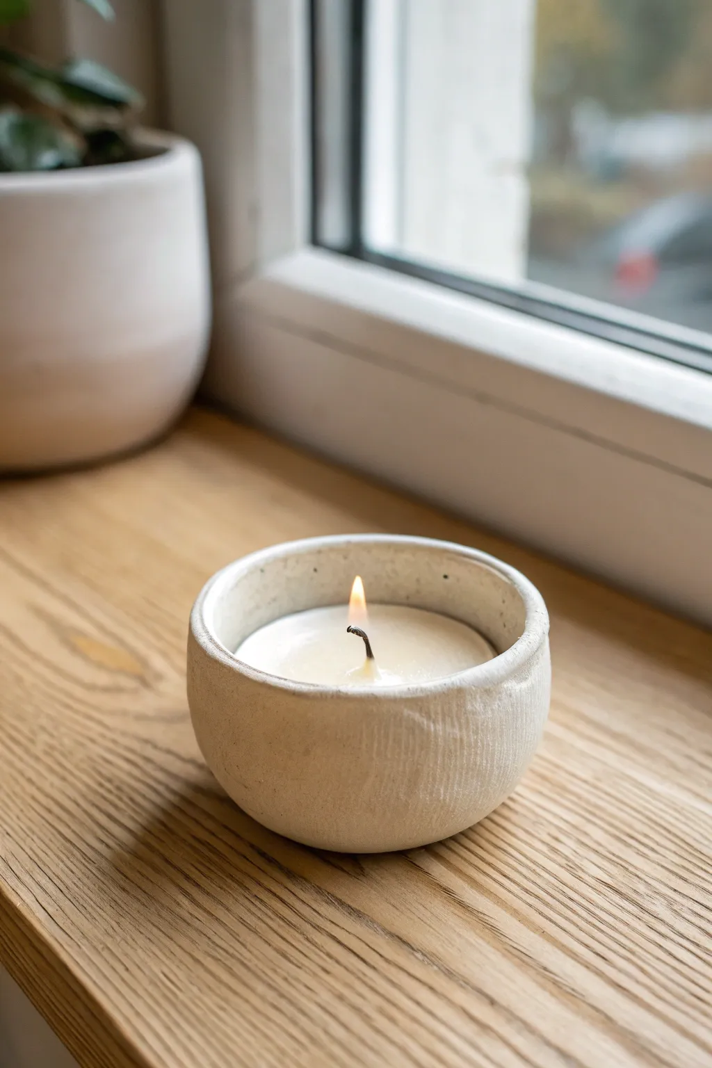 Simple pinch-pot tea light cup with soft texture and matte finish on pale wood, calm and cozy