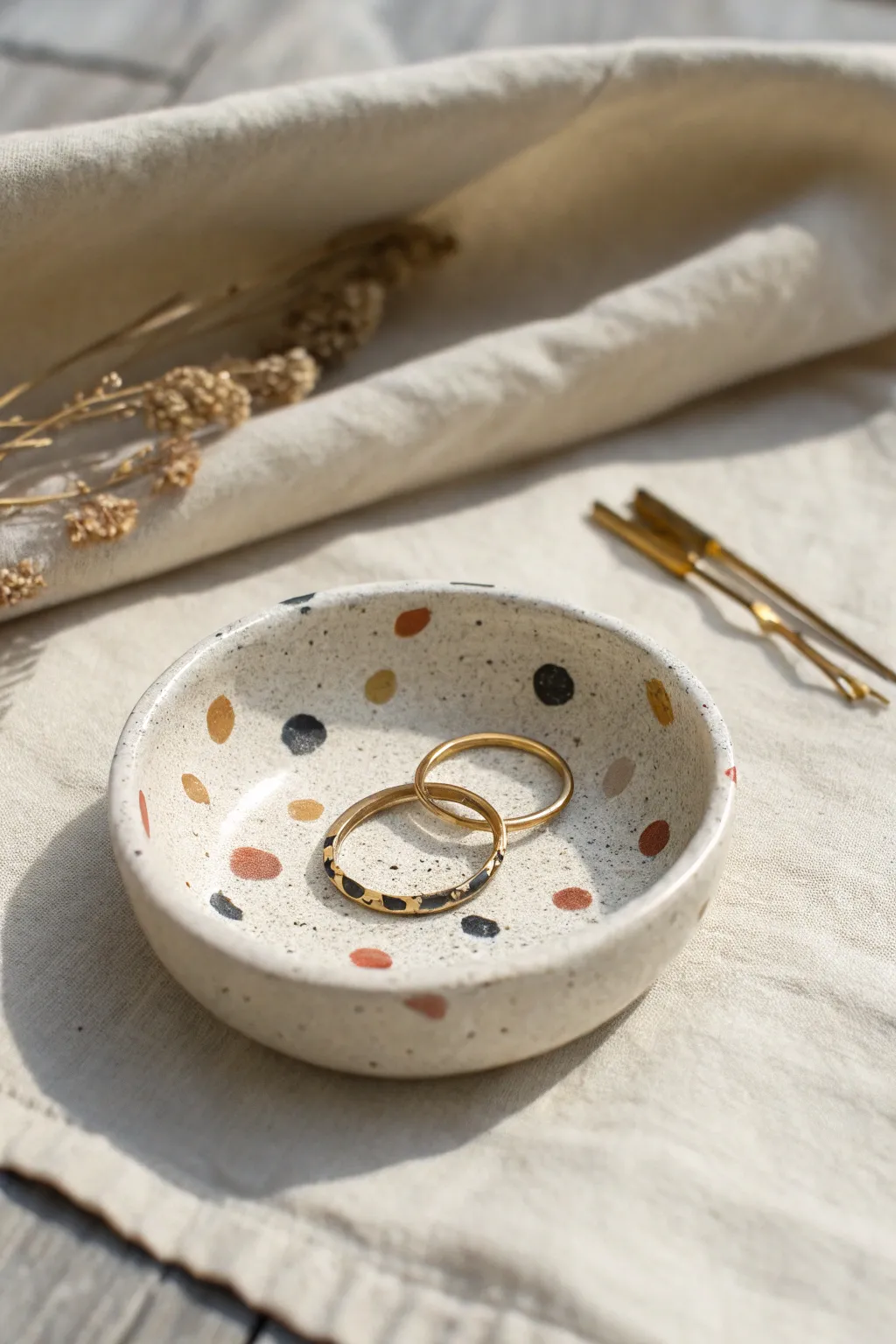 Classic speckled clay trinket dish for rings and clips, minimalist boho charm for any vanity.