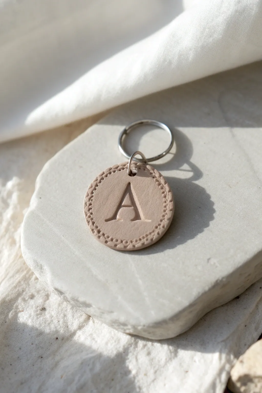 Stamped initial clay disc keychain in matte beige, simple Scandinavian DIY charm with soft boho vibe.