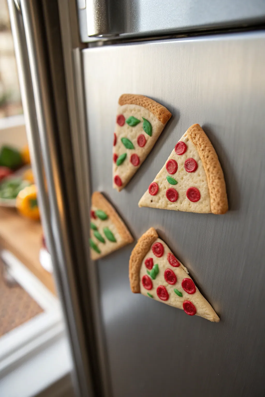 Mini clay pizza slice magnets with simple toppings, styled on stainless steel in soft light
