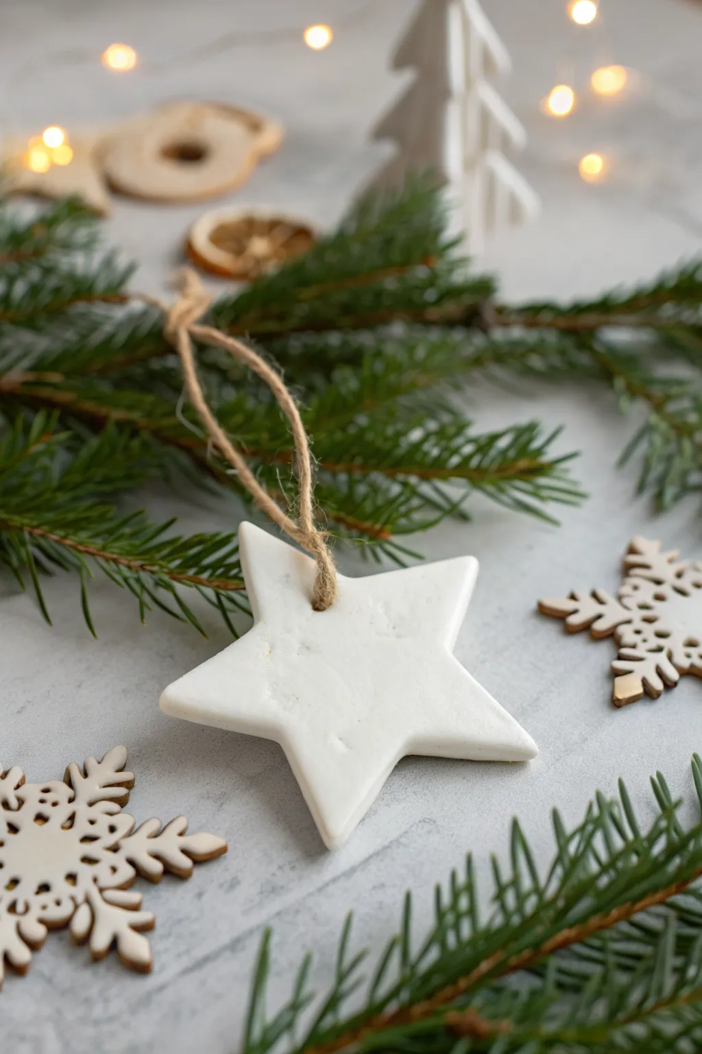 Matte white clay star ornament with twine loop, nestled on evergreen for a minimalist holiday look.