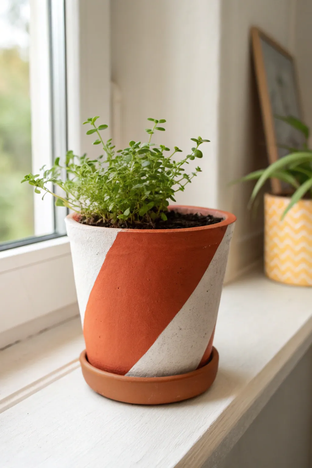 A matte, color-block terracotta pot brings modern Scandi calm to your DIY plant shelf.