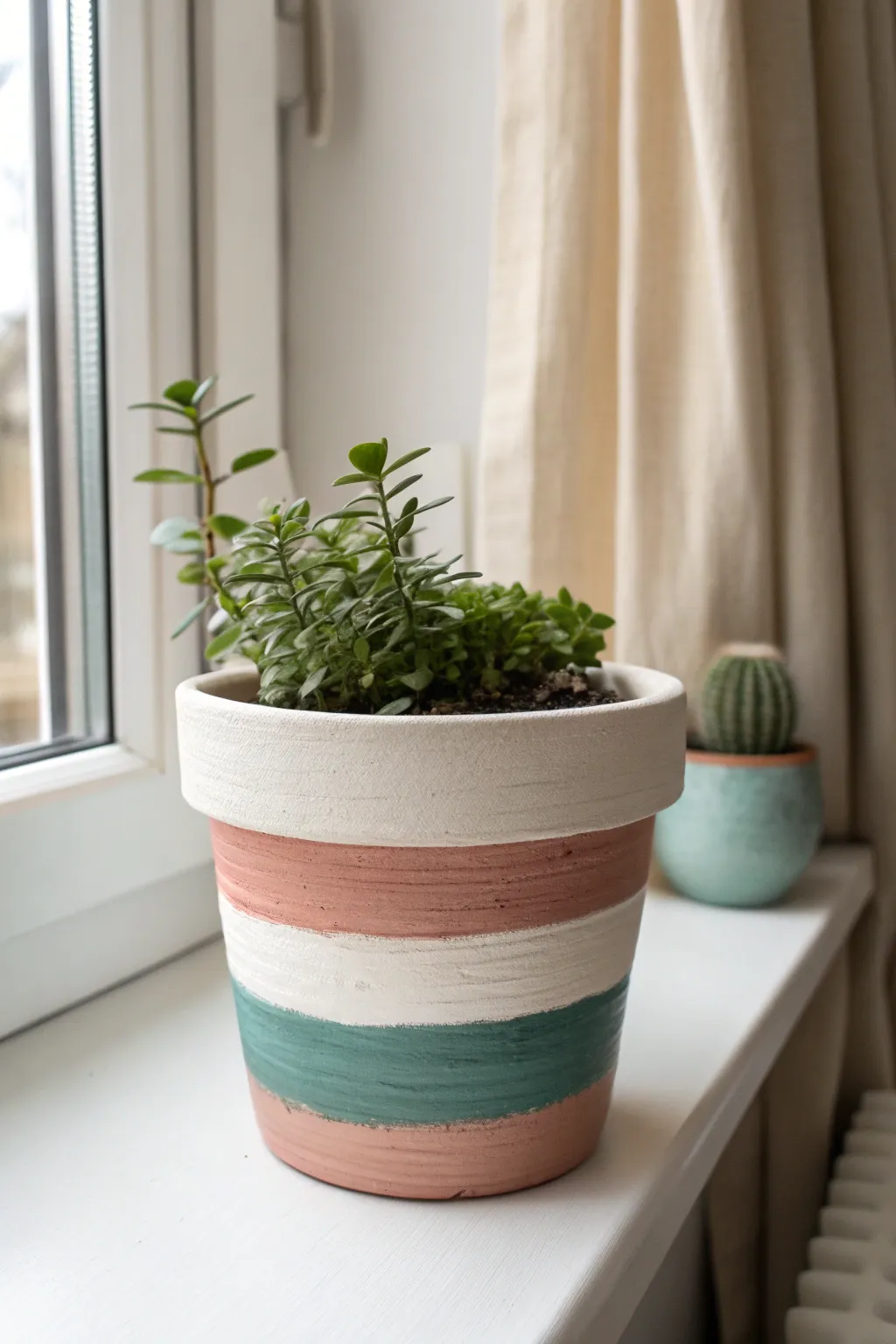 Crisp stripes and bold color blocks turn a simple clay pot into a modern windowsill accent