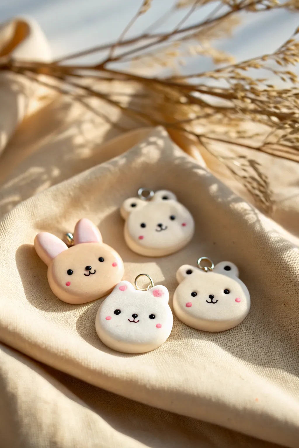 Tiny chubby bunny, bear, and cat clay charms with blush cheeks on a soft neutral backdrop