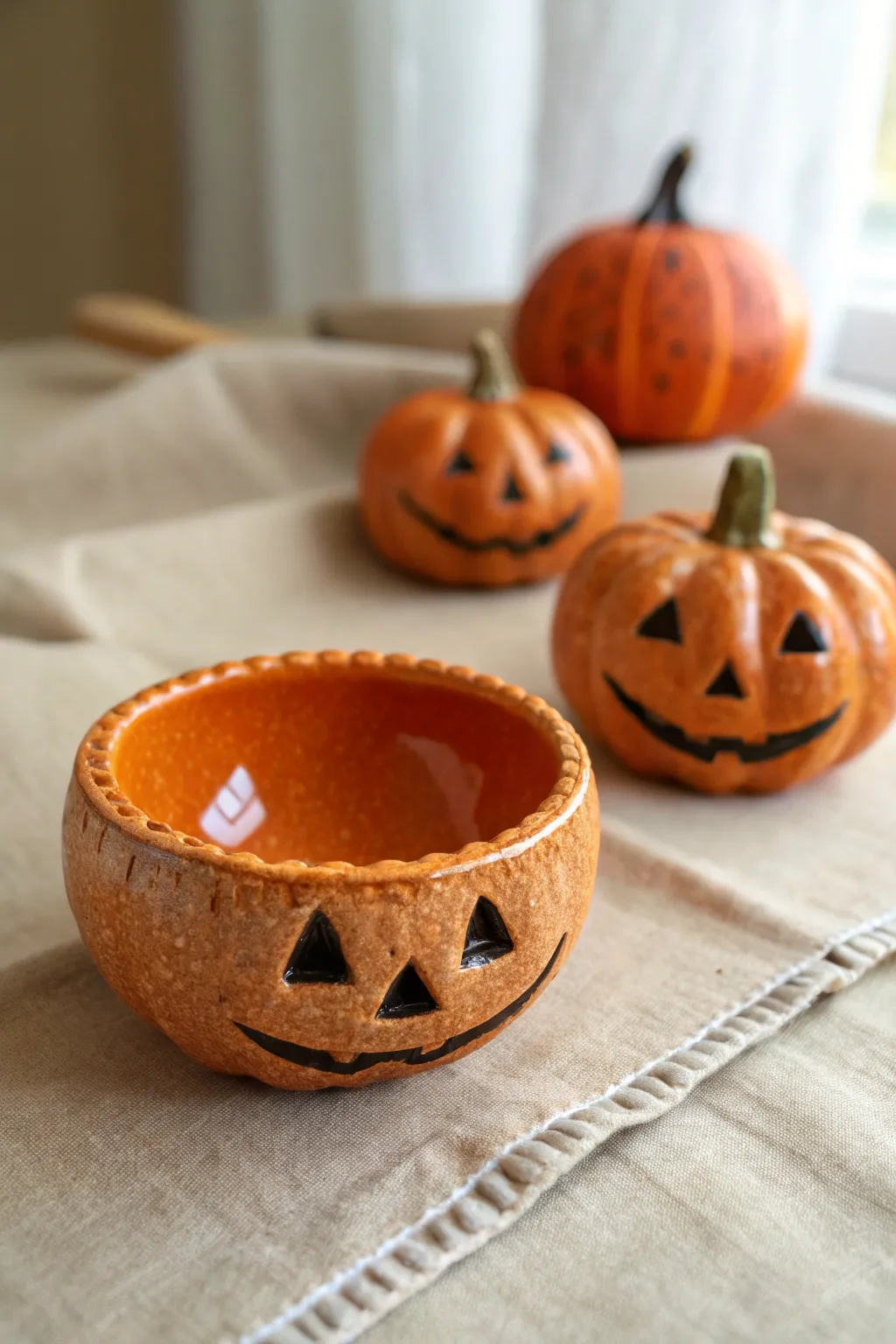 Tiny jack-o-lantern pinch pot bowls, rustic and sweet, perfect for DIY Halloween decor.