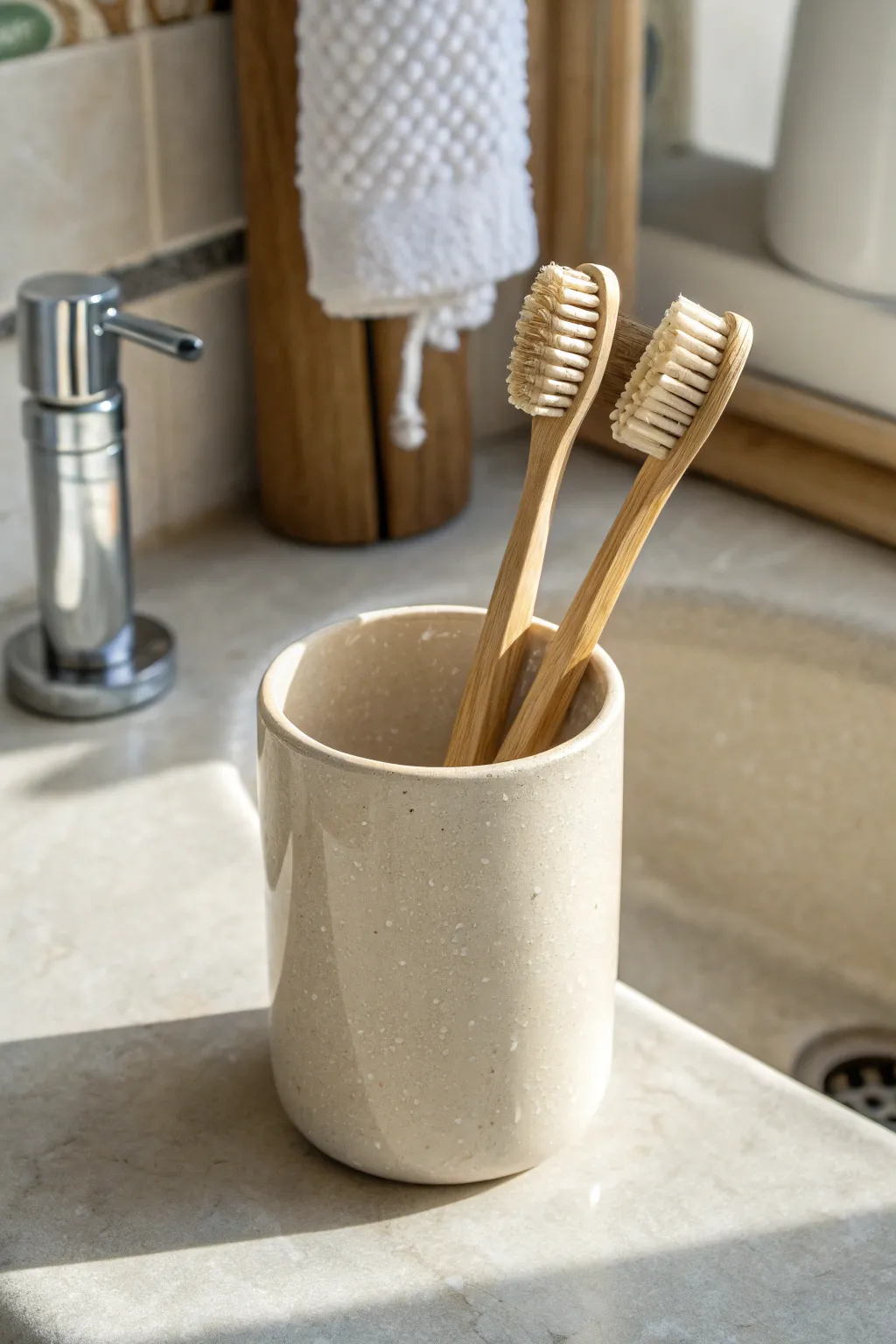 Minimal glossy ceramic cup holder with bamboo toothbrushes for a calm, clutter-free sink