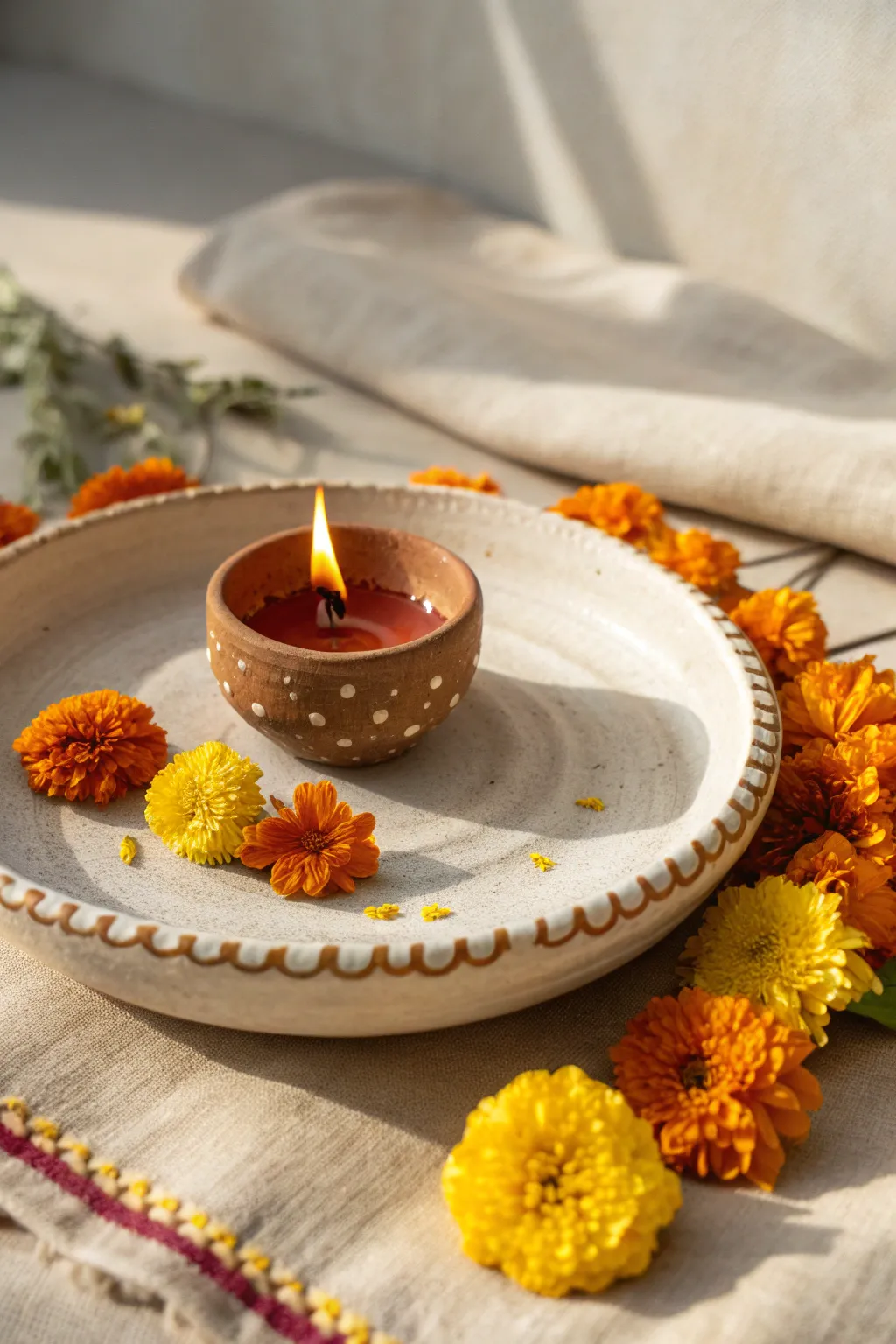 Classic marigold ring diya setup with a warm glow, minimalist plate, and festive color pop