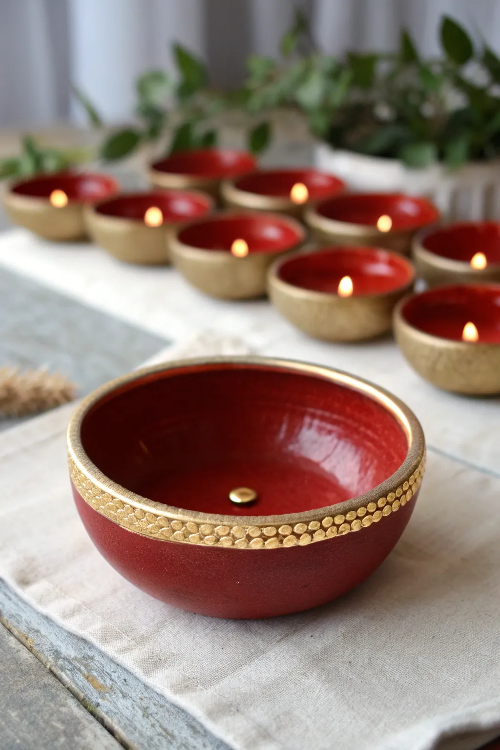 Classic red diya with crisp gold rim on pale linen, minimalist boho styling for festive warmth.