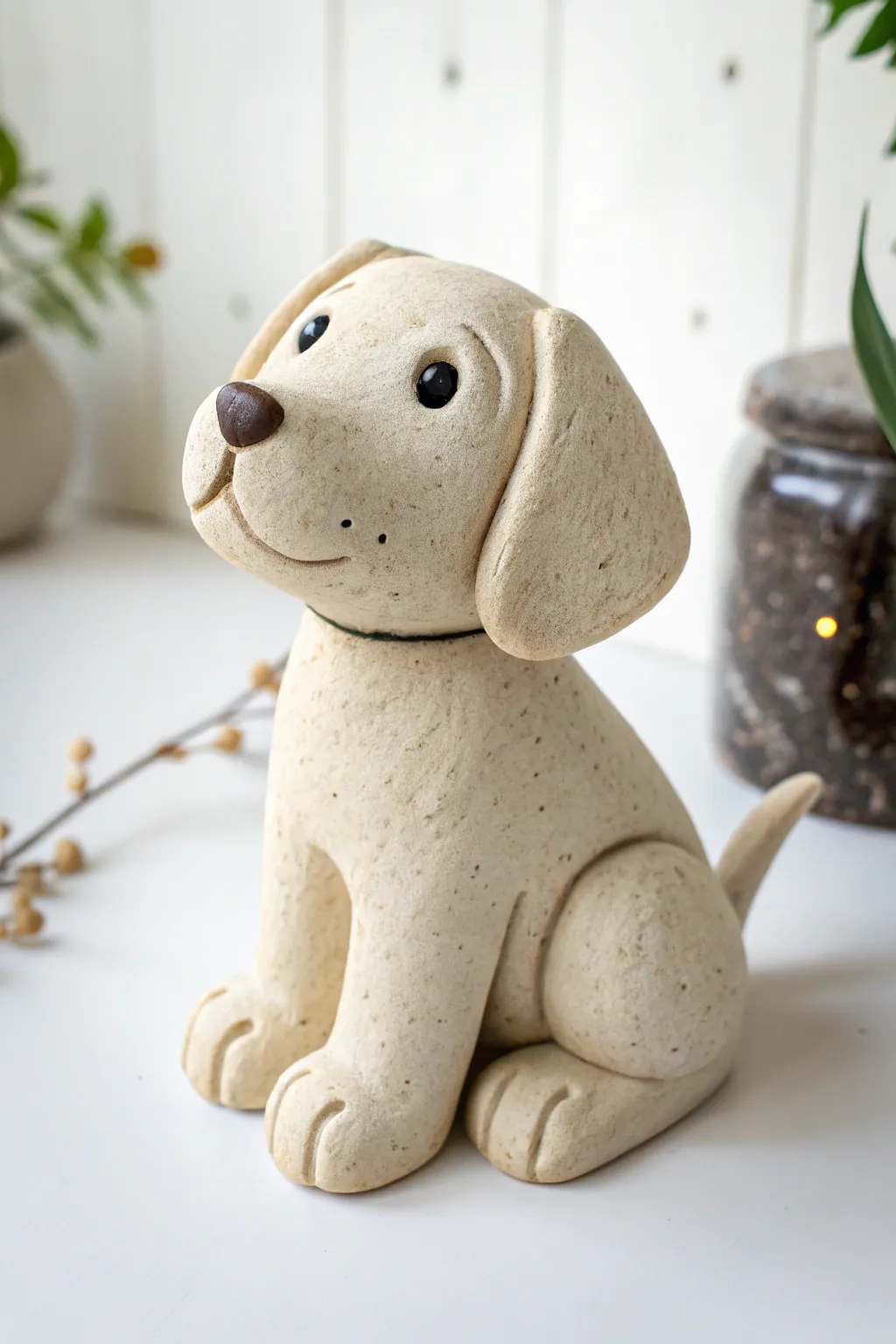 Minimal sitting clay puppy with a big head and tiny paws, simple, sweet, and handmade.