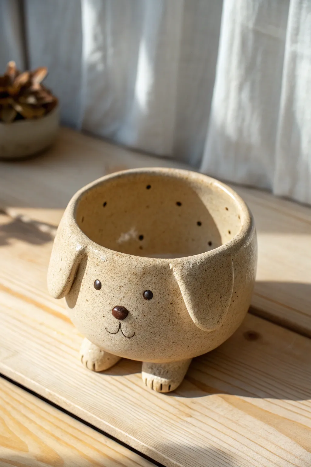 Classic puppy face pinch pot in warm neutral glaze, simple details and cozy handmade charm
