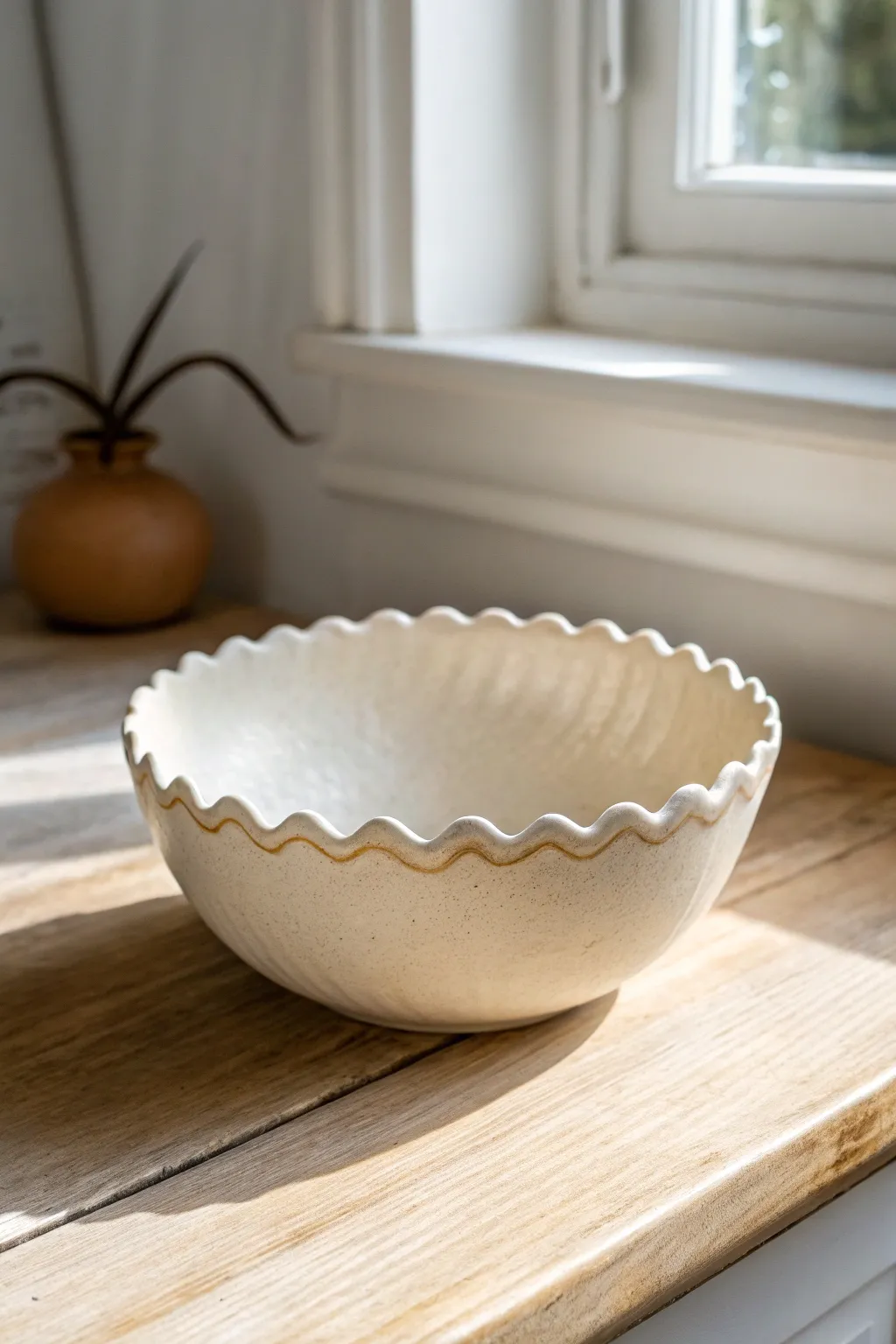 Classic drape-molded bowl with soft wavy rim and satin ivory glaze on light wood