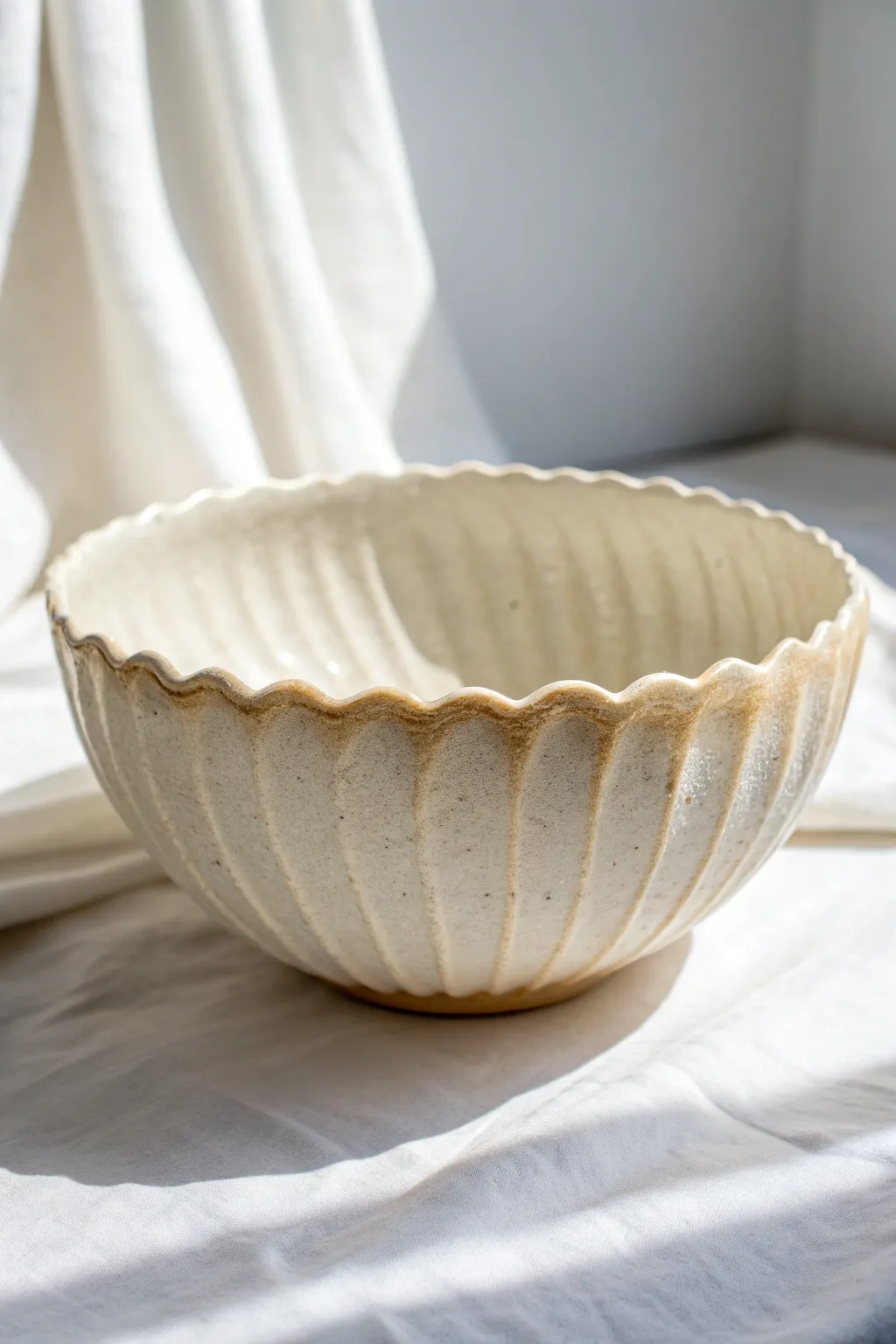 Classic drape-molded bowl with an organic wavy rim and a calm satin glaze, simply styled.