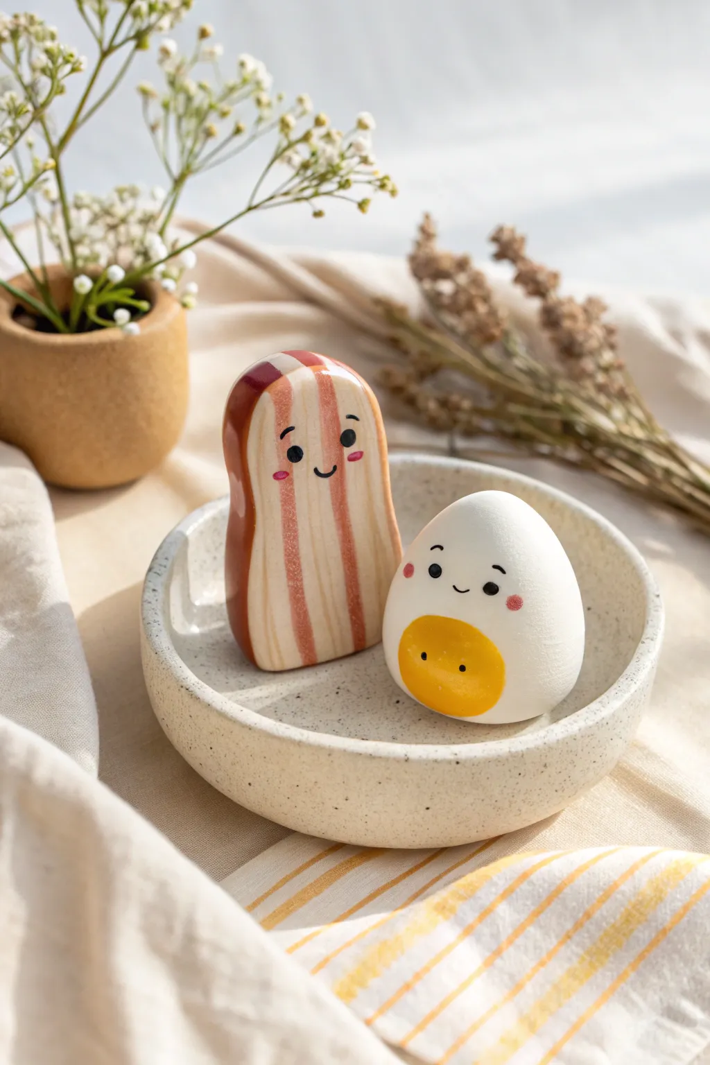 Bacon and eggs besties in clay, a sweet minimalist duo that brightens any cozy shelf