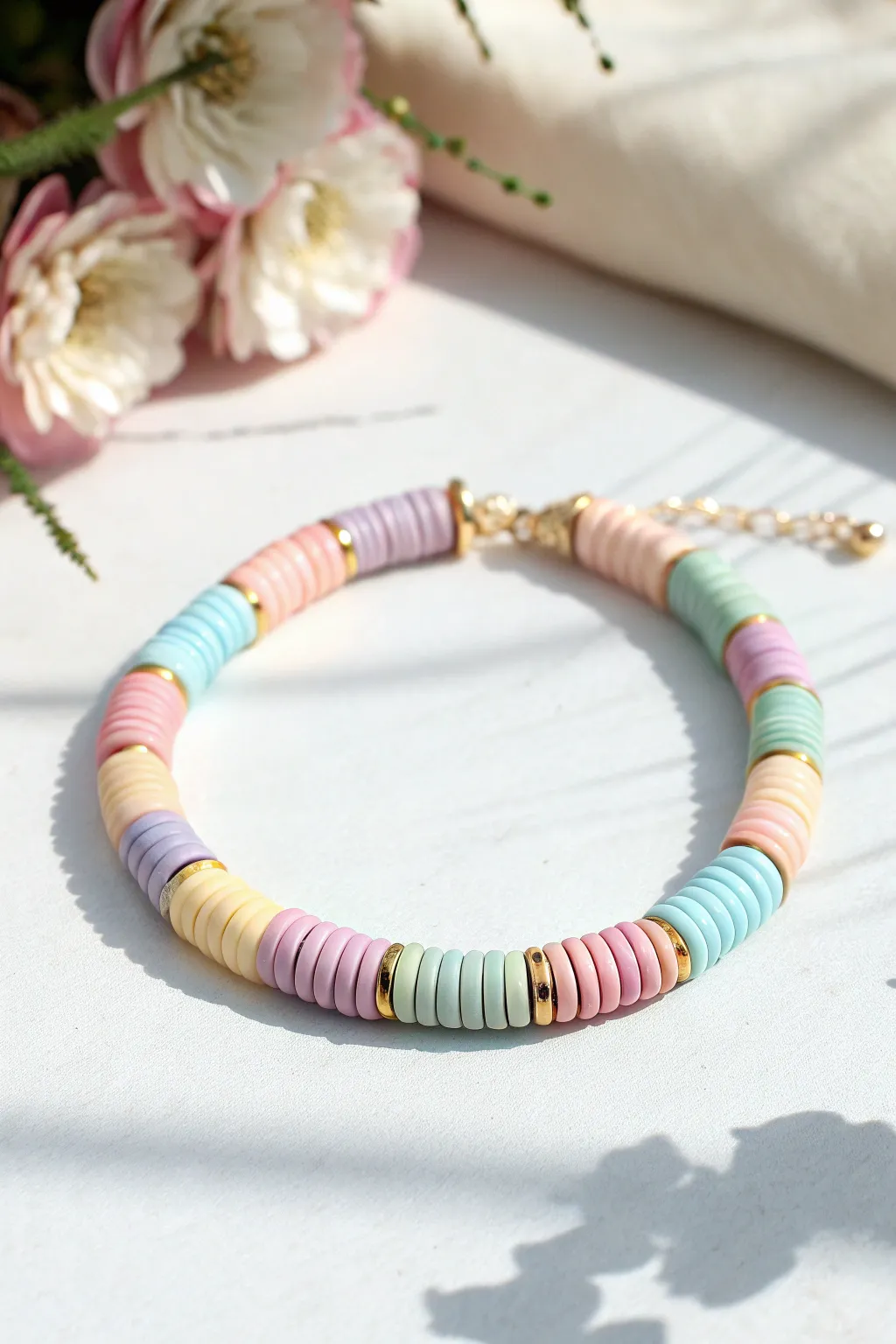 Classic pastel rainbow heishi bracelet in a clean minimalist circle, soft boho spring vibe