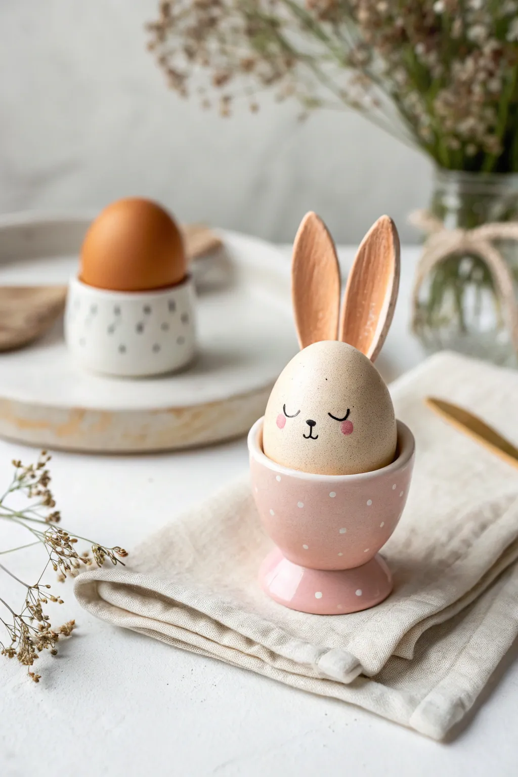 Sweet pastel bunny ear egg cup for Easter brunch, minimalist ceramic charm on a bright table.