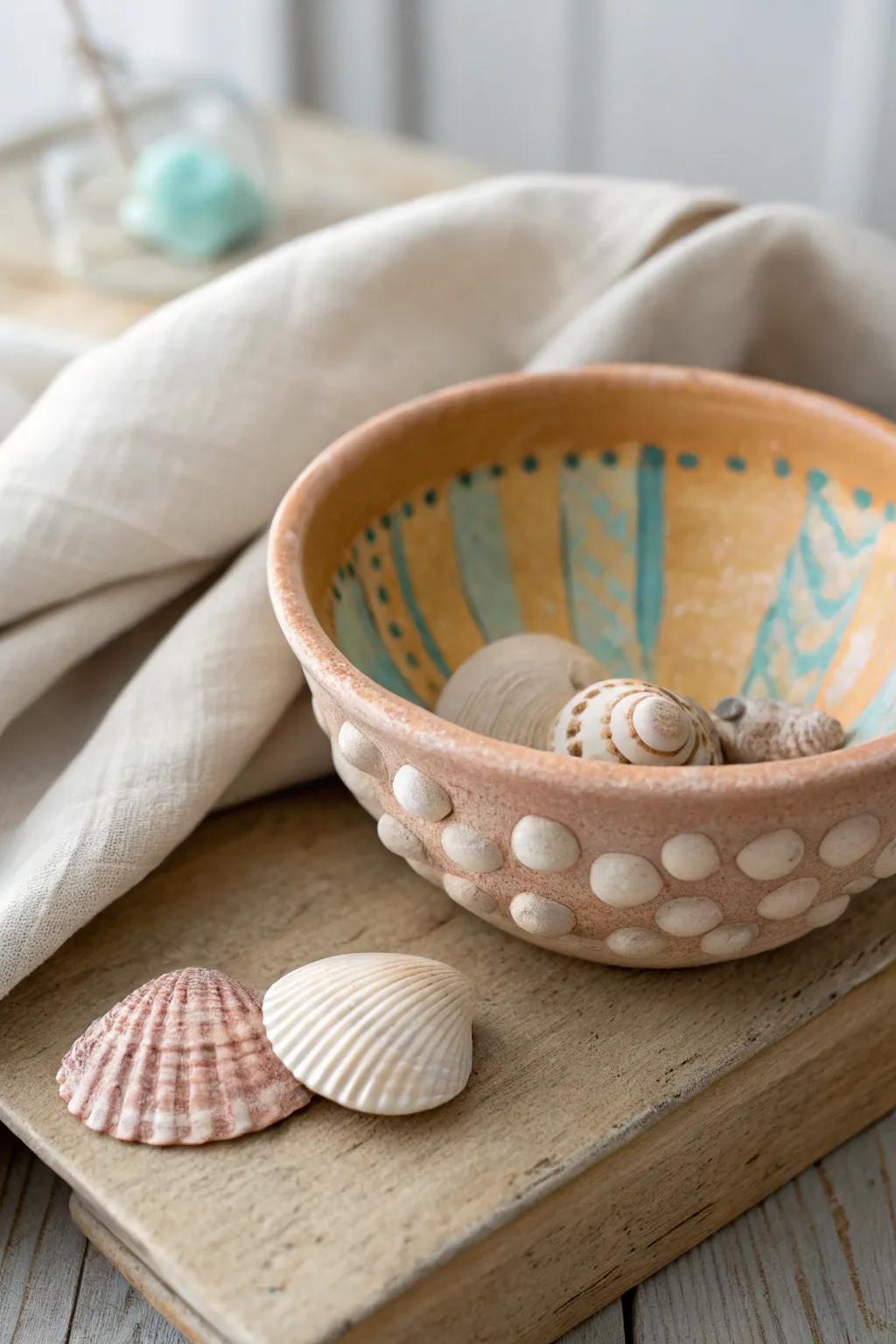 Chunky pastel pinch pot bowl with tiny treasures, simple dots and stripes, kid-friendly charm