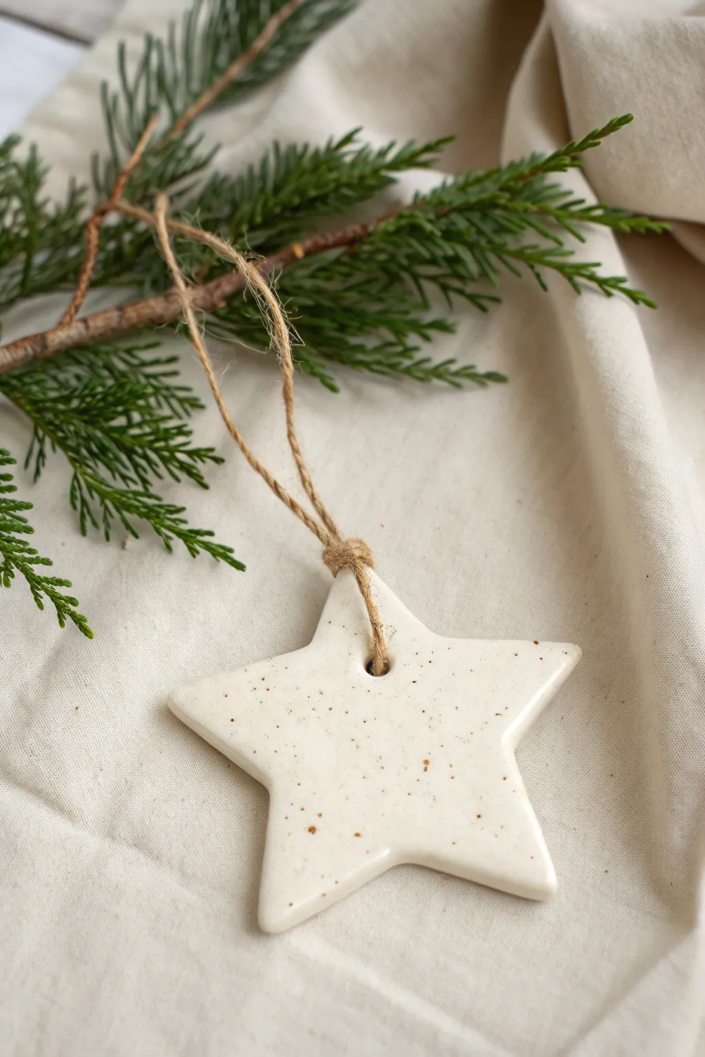 Classic air dry clay star ornament with twine on evergreen branch, minimalist Christmas charm.