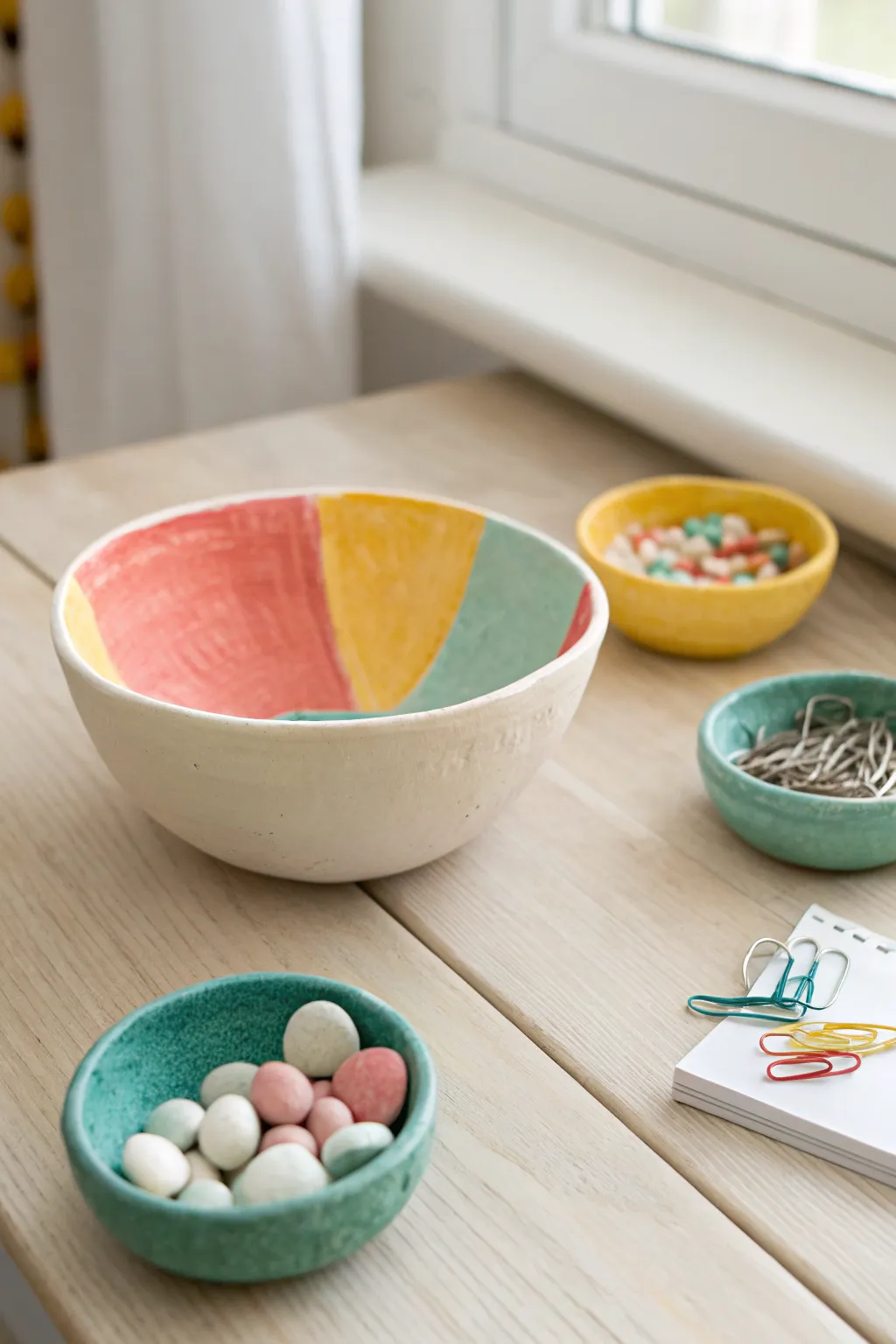 Bright air dry clay pinch pot treasure bowls, a simple kids craft with colorful charm