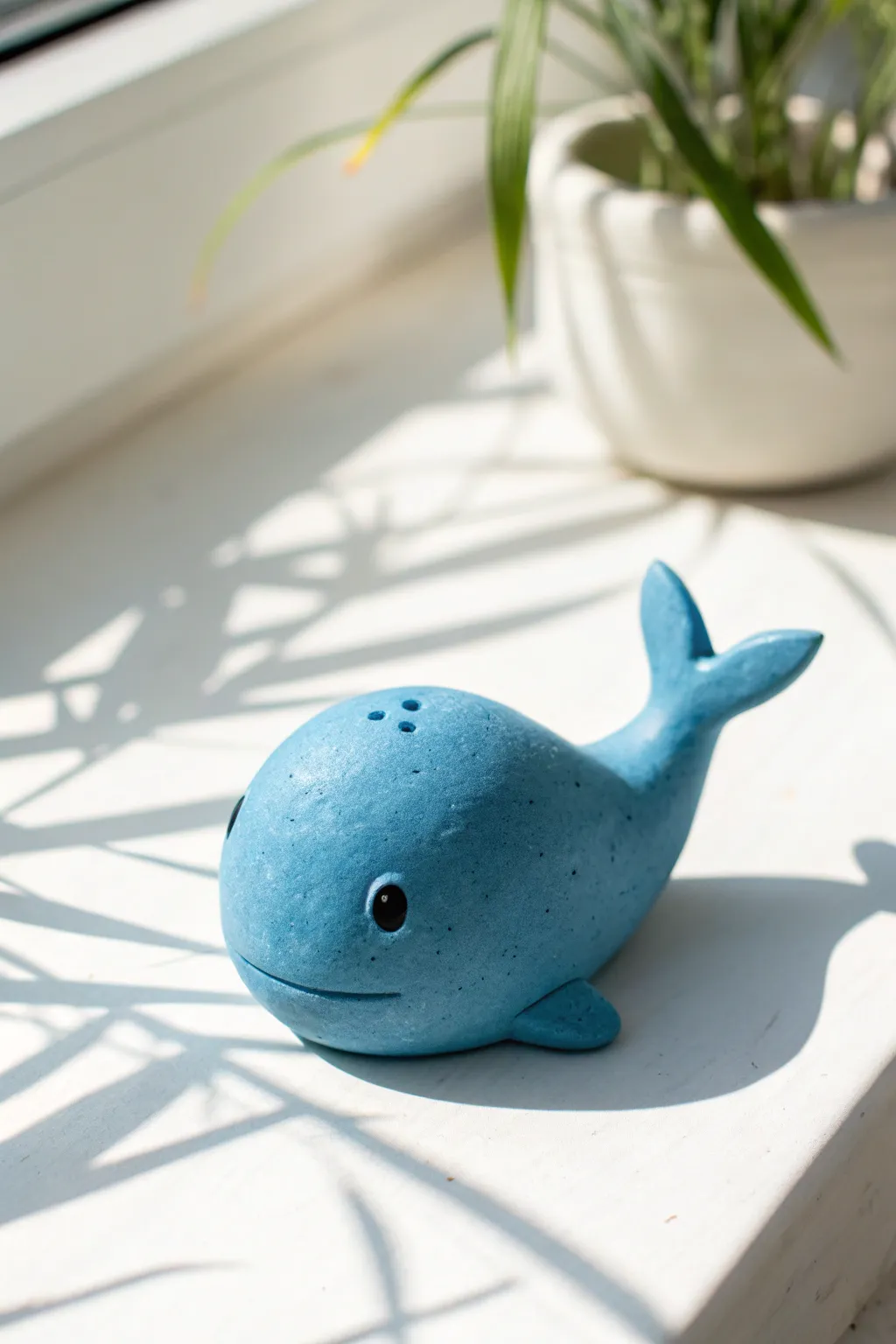 Mini blue clay whale buddy with a smooth matte finish, simple dot eyes, and calming Nordic vibes.