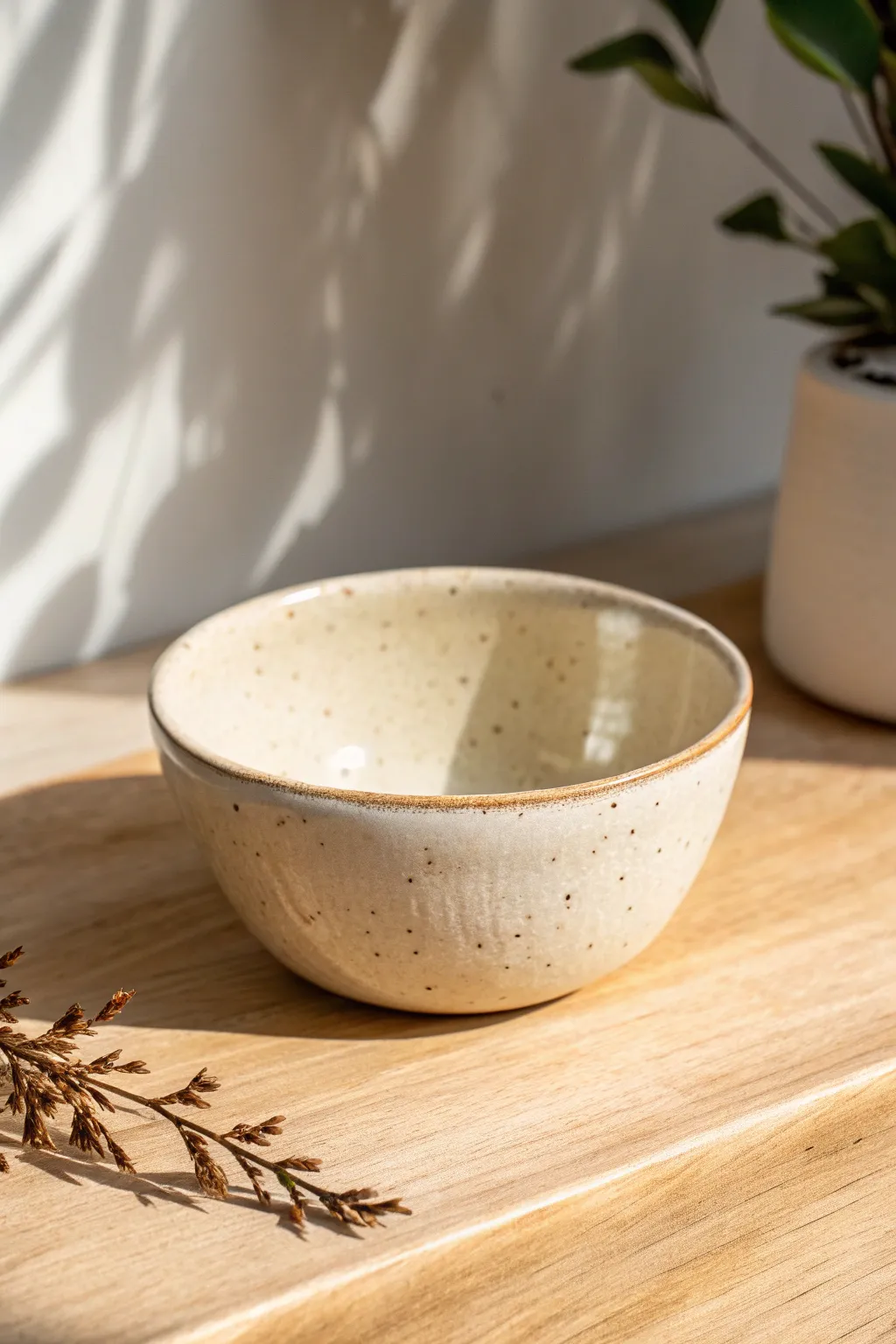 Classic pinch pot bowl with a glossy glaze on light wood, simple, handmade, and beautifully imperfect