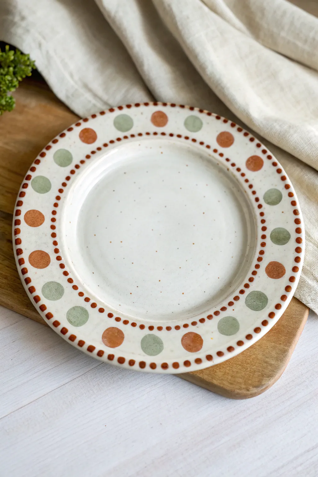 Classic polka dot rim plate in terracotta and sage, minimalist and handmade charm.