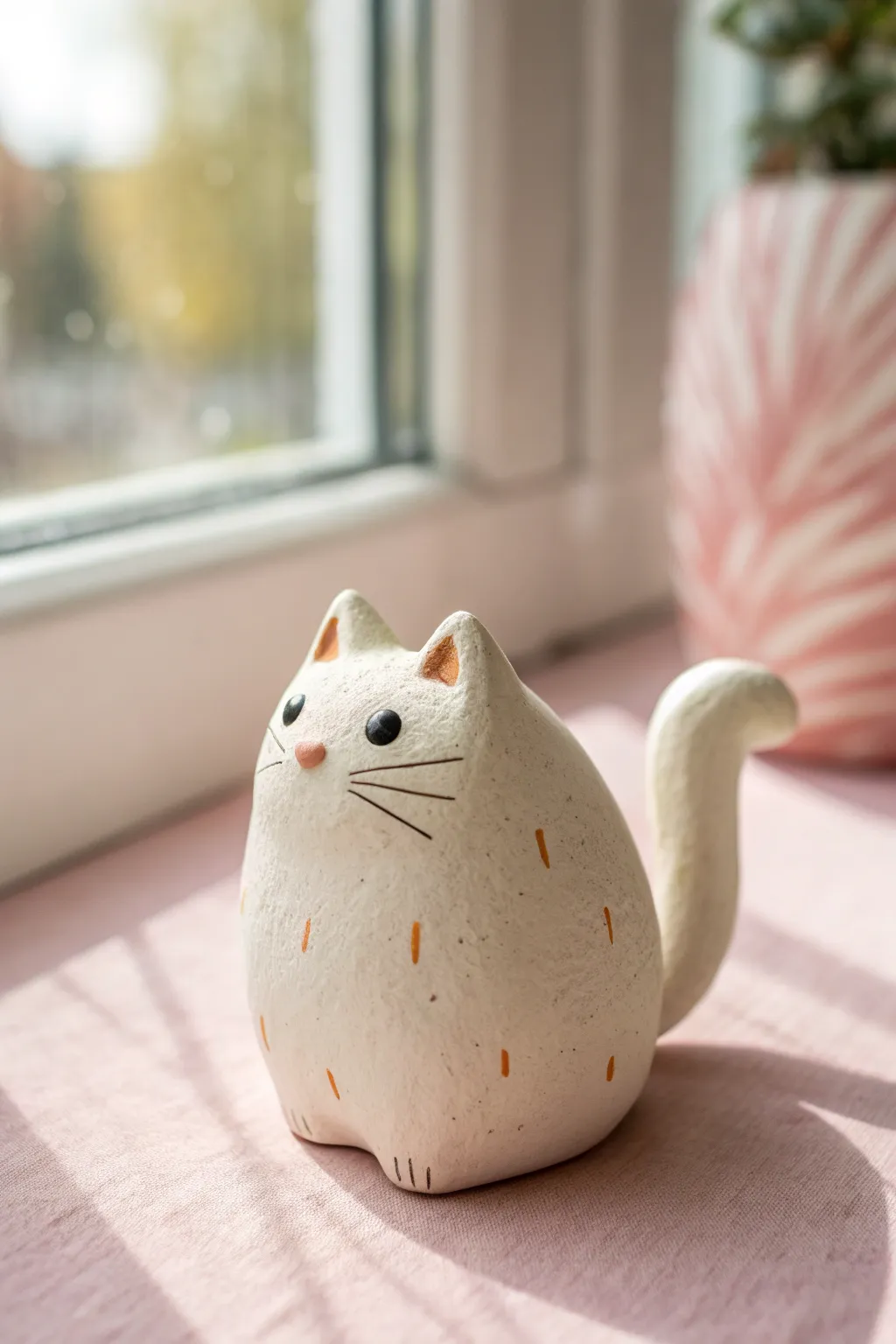 Classic chubby clay cat in soft pastel tones, minimalist boho style, easy DIY inspiration.