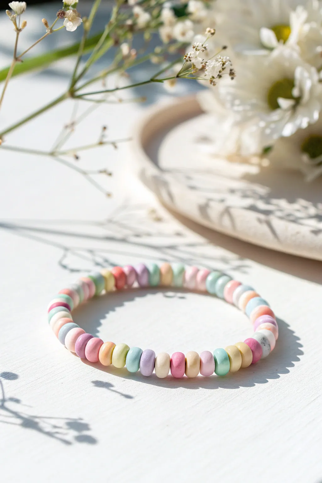 Classic rainbow clay bead bracelet in a simple stretchy circle, bright colors on clean white.