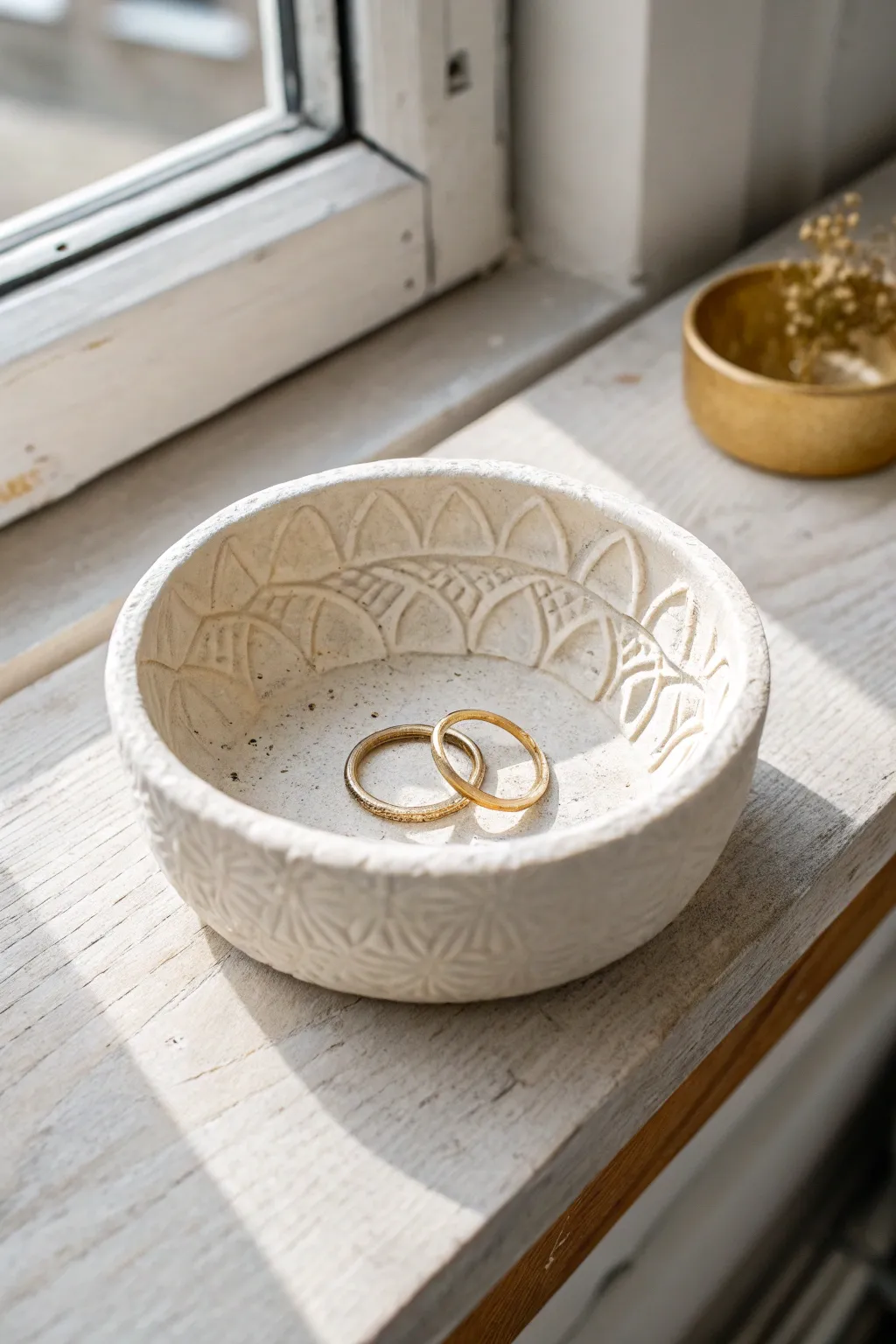 Stamped texture clay catchall bowl for rings and hair ties, simple, cozy, and beautifully handmade.