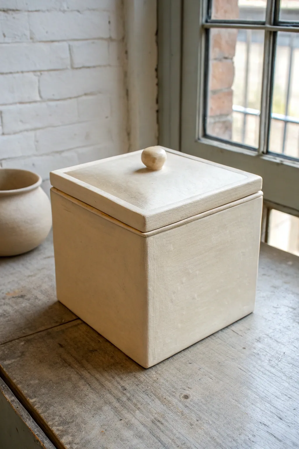 Classic slab cube clay box with a simple lid and knob, clean lines and calm minimalist style.