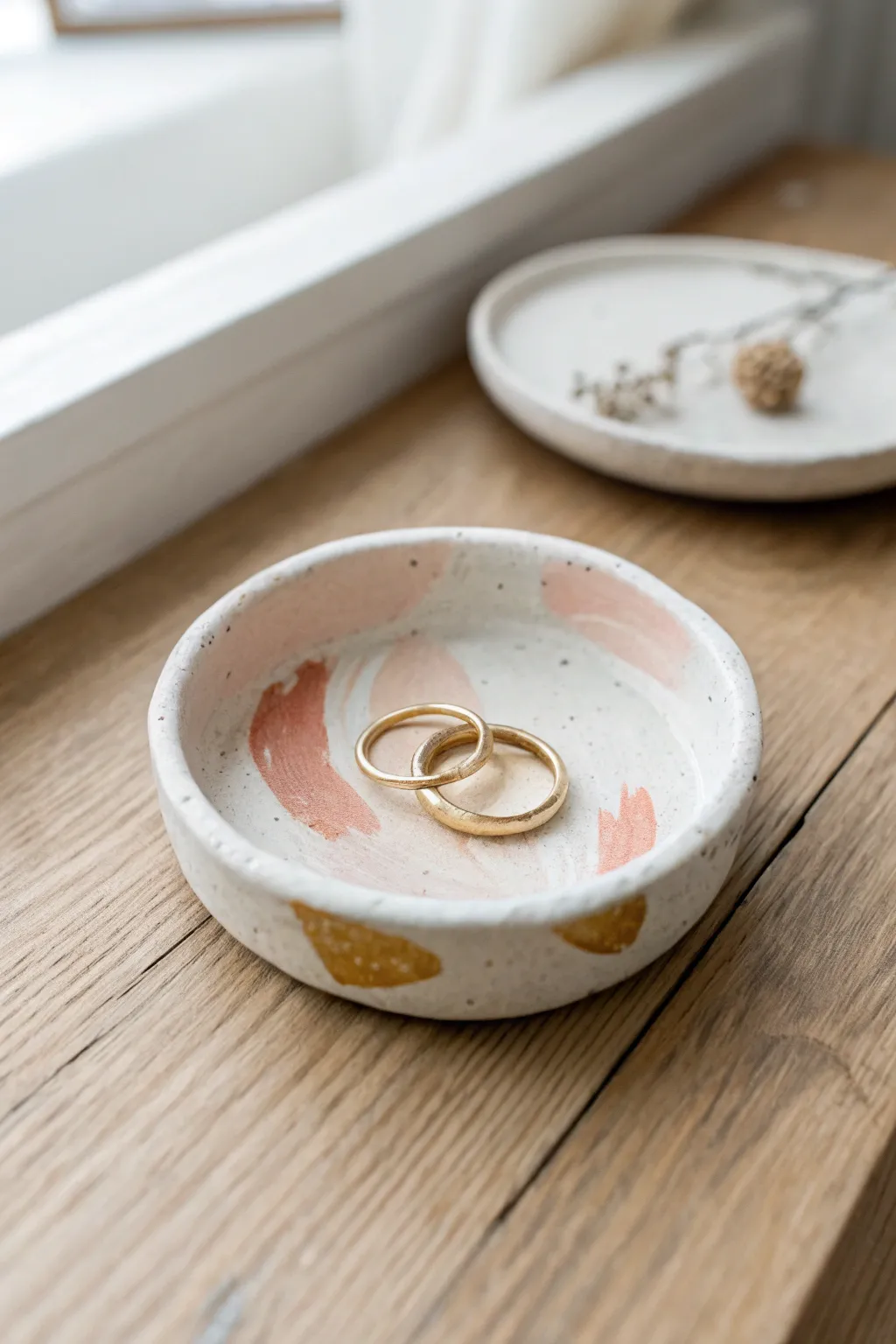 Simple handmade trinket dish with minimalist paint detail, perfect for rings and tiny treasures.