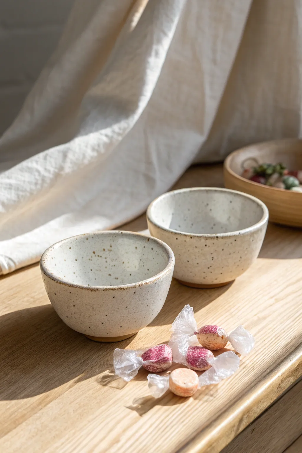 Matching pinch pot snack bowls with a few wrapped candies, the sweetest easy clay date night idea.