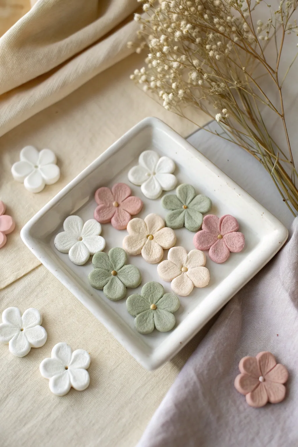 Classic five-petal flat clay flowers in soft pastels, perfect for easy handmade decor.