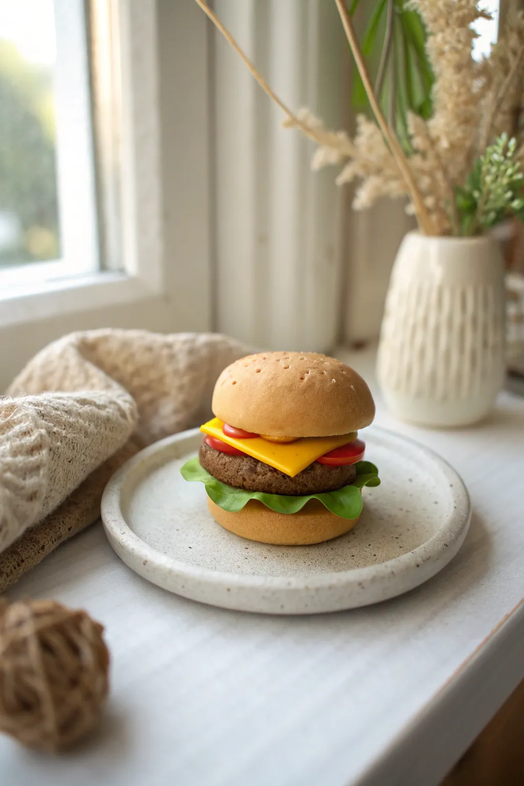 Mini clay cheeseburger stack with clean layers and cozy neutral styling for easy food crafts