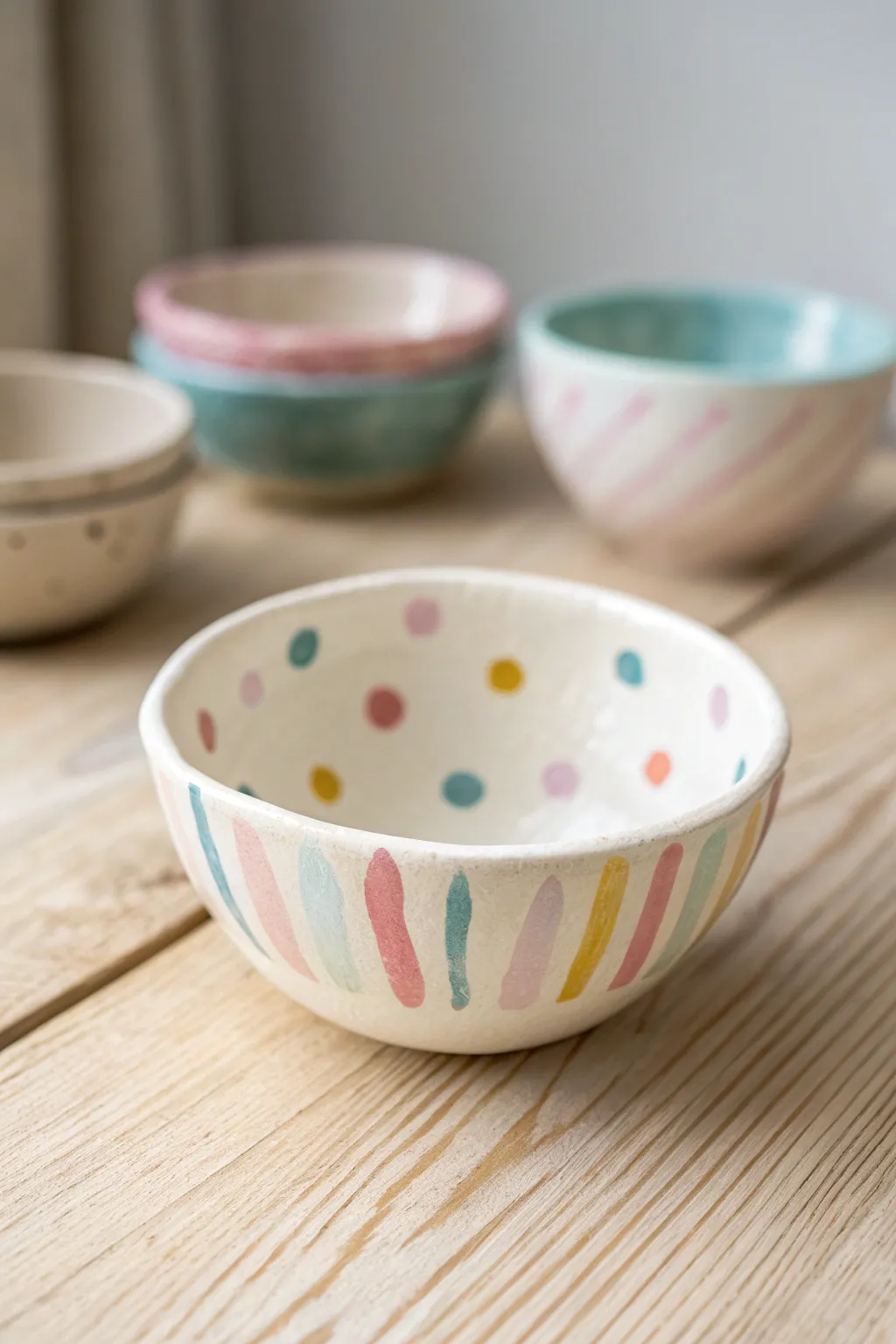 A sweet, wonky pinch pot bowl with playful dots and stripes, perfect for tiny kid treasures