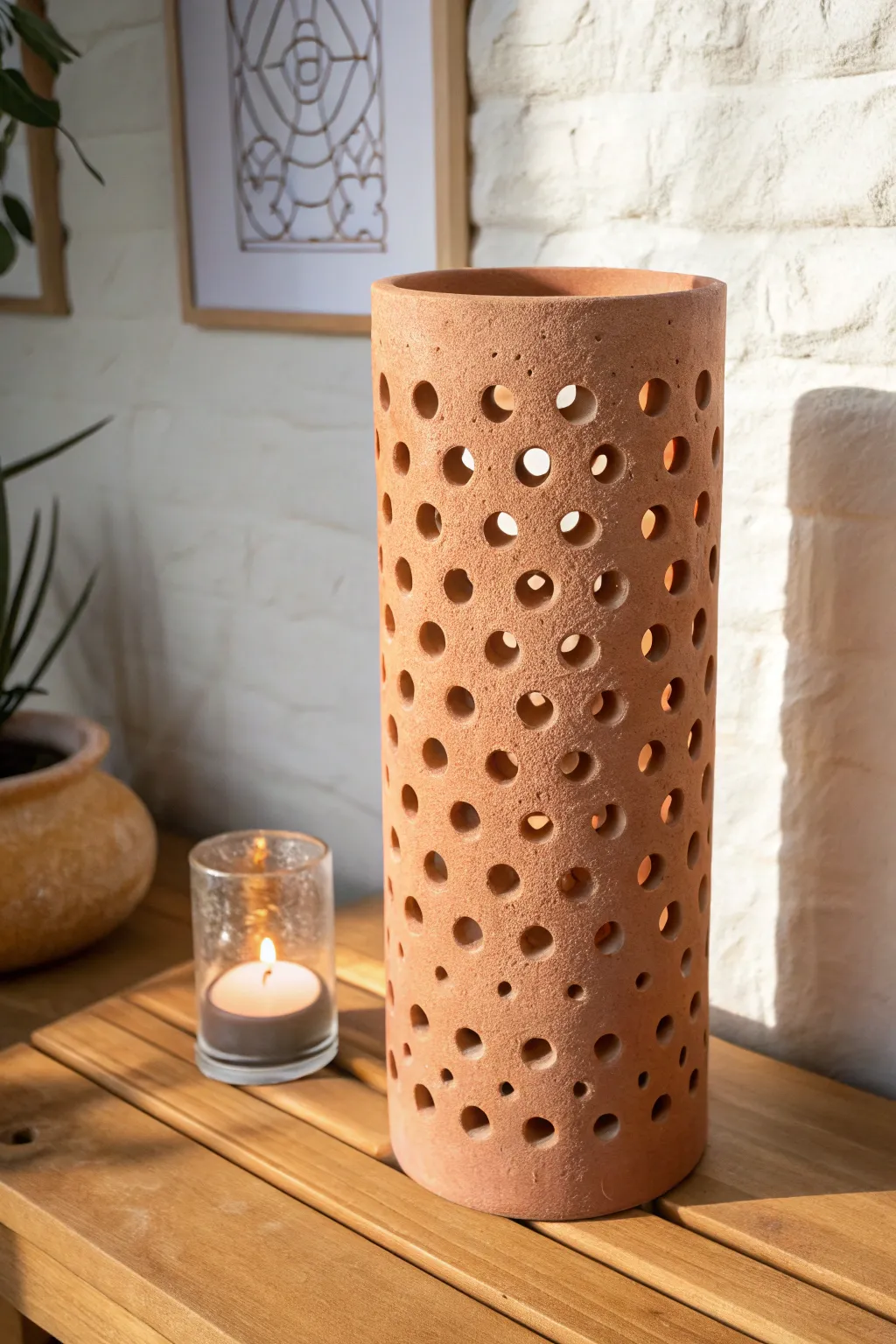Classic pierced clay cylinder lantern glowing softly, casting dotted shadows in a calm neutral setting