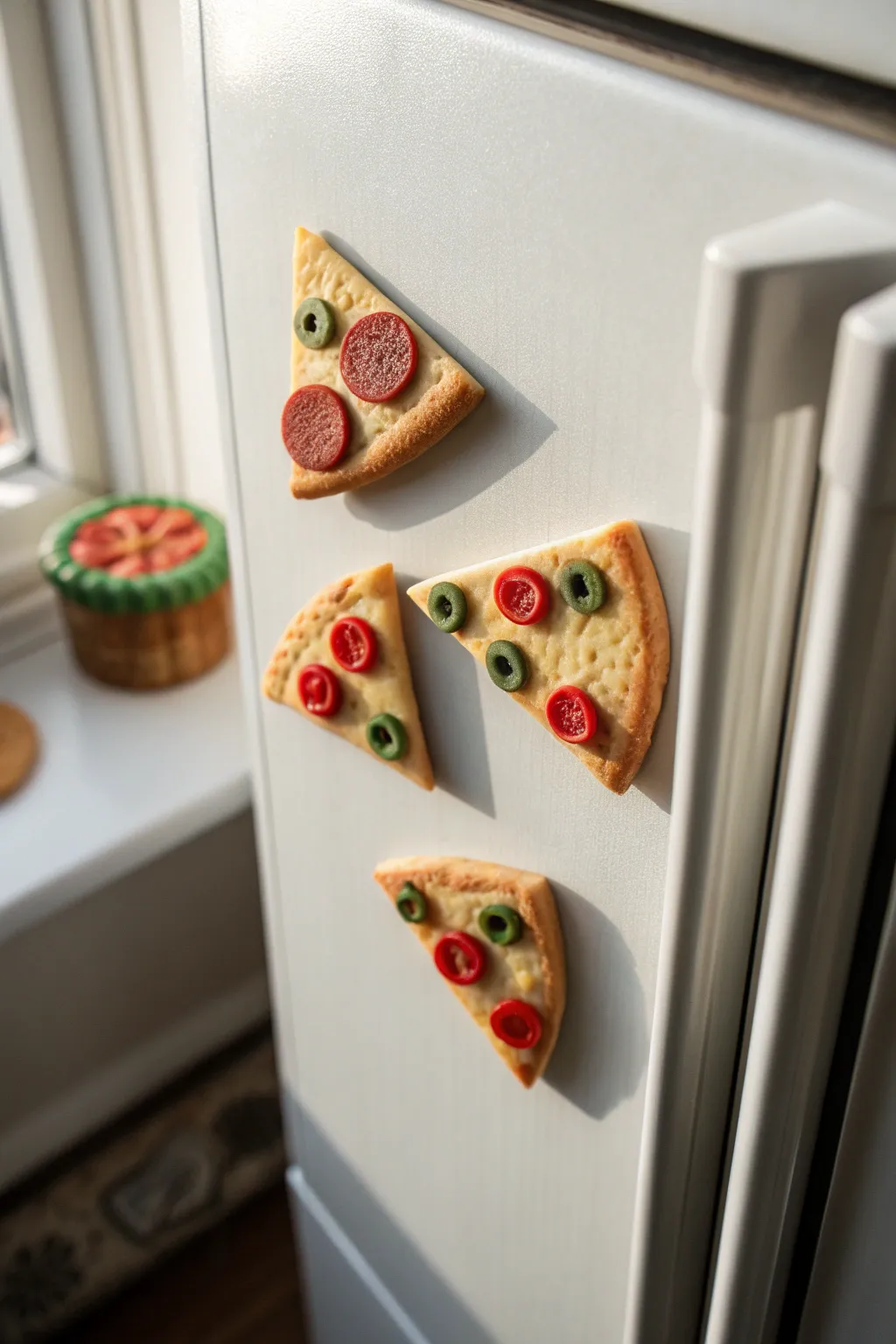 Cute handmade pizza slice clay magnets clustered on a neutral fridge, minimalist and cozy.