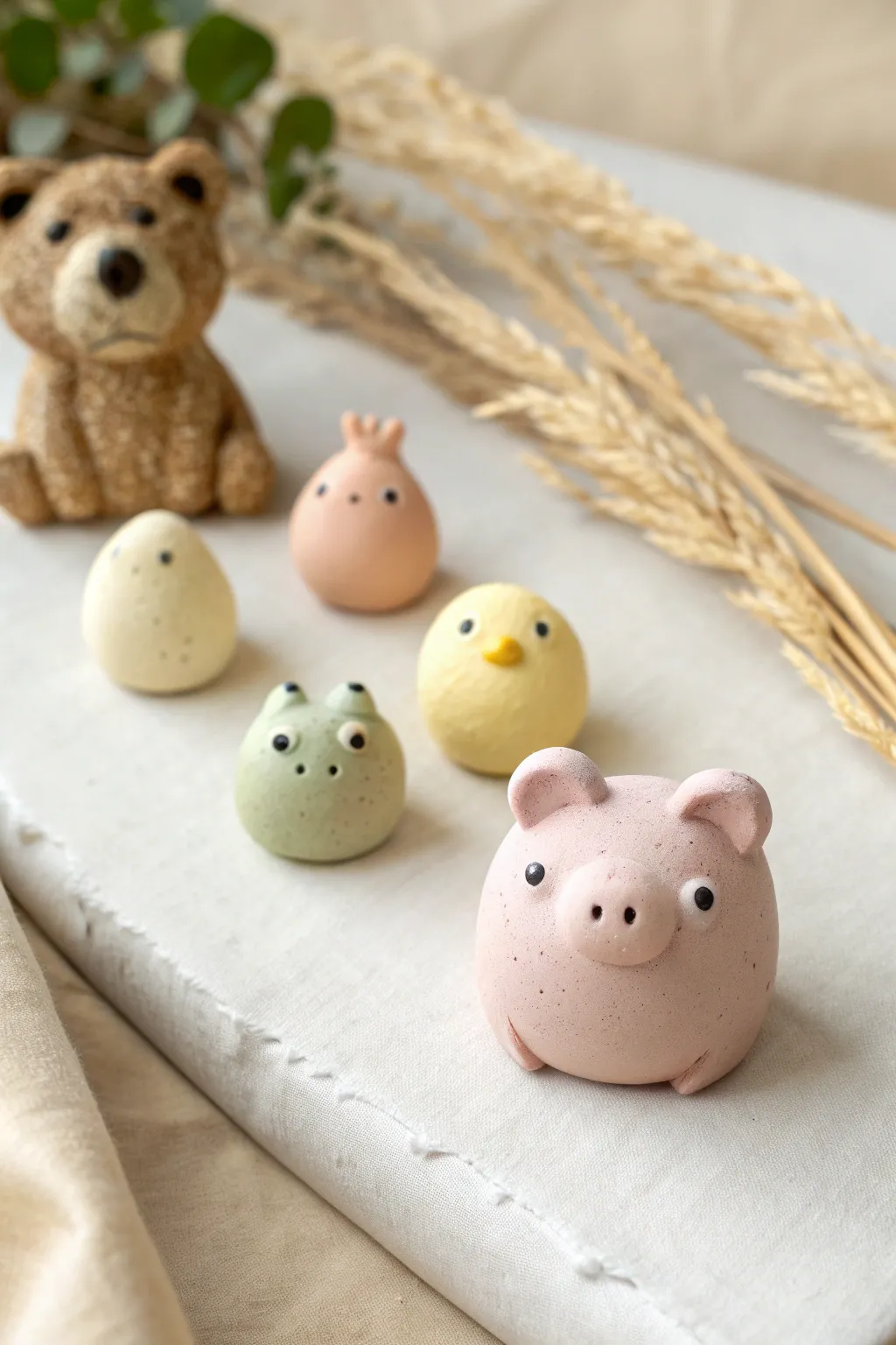 Round little clay animals in soft pastels, perfect beginner minis for a cute minimalist shelf.